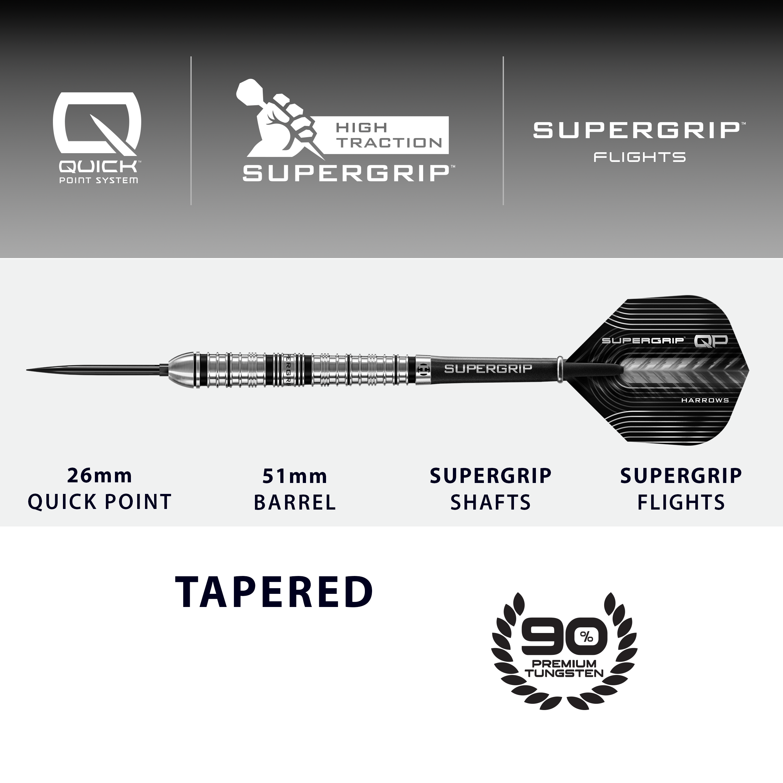 Abgebildet sind die Harrows Supergrip QP Tapered Quick Point Steeldarts. Sie eignen sich ideal für ein präzises Dartspiel.
