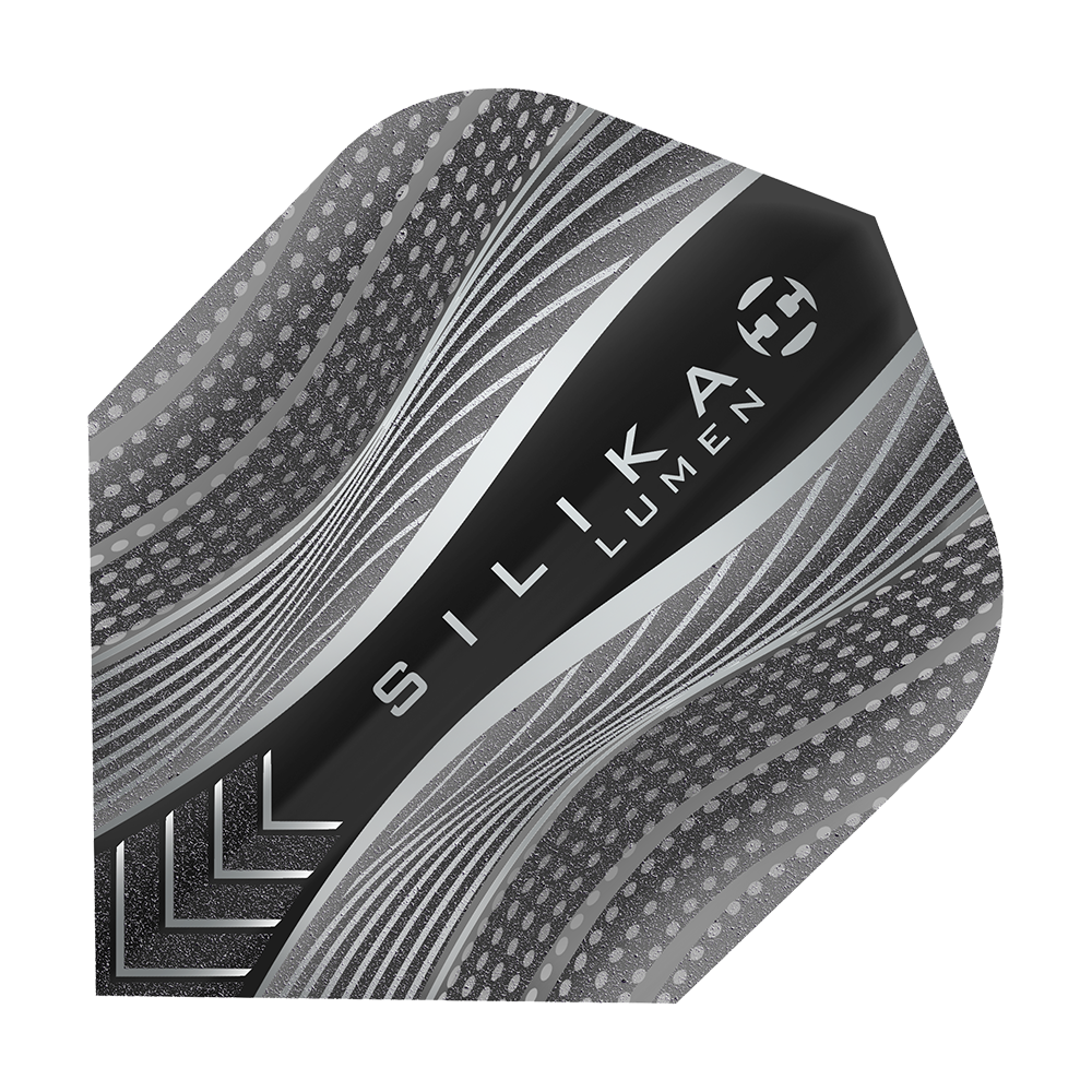 HF5127_Harrows_Silika_Lumen_Black_No6_Flights_1CwrZbkDmIpoit Das Bild zeigt das Produkt "Harrows Silika Lumen Black No6 Flights". Das Flight hat ein modernes, schwarz-graues Design mit dynamischen Linien und Punkten.