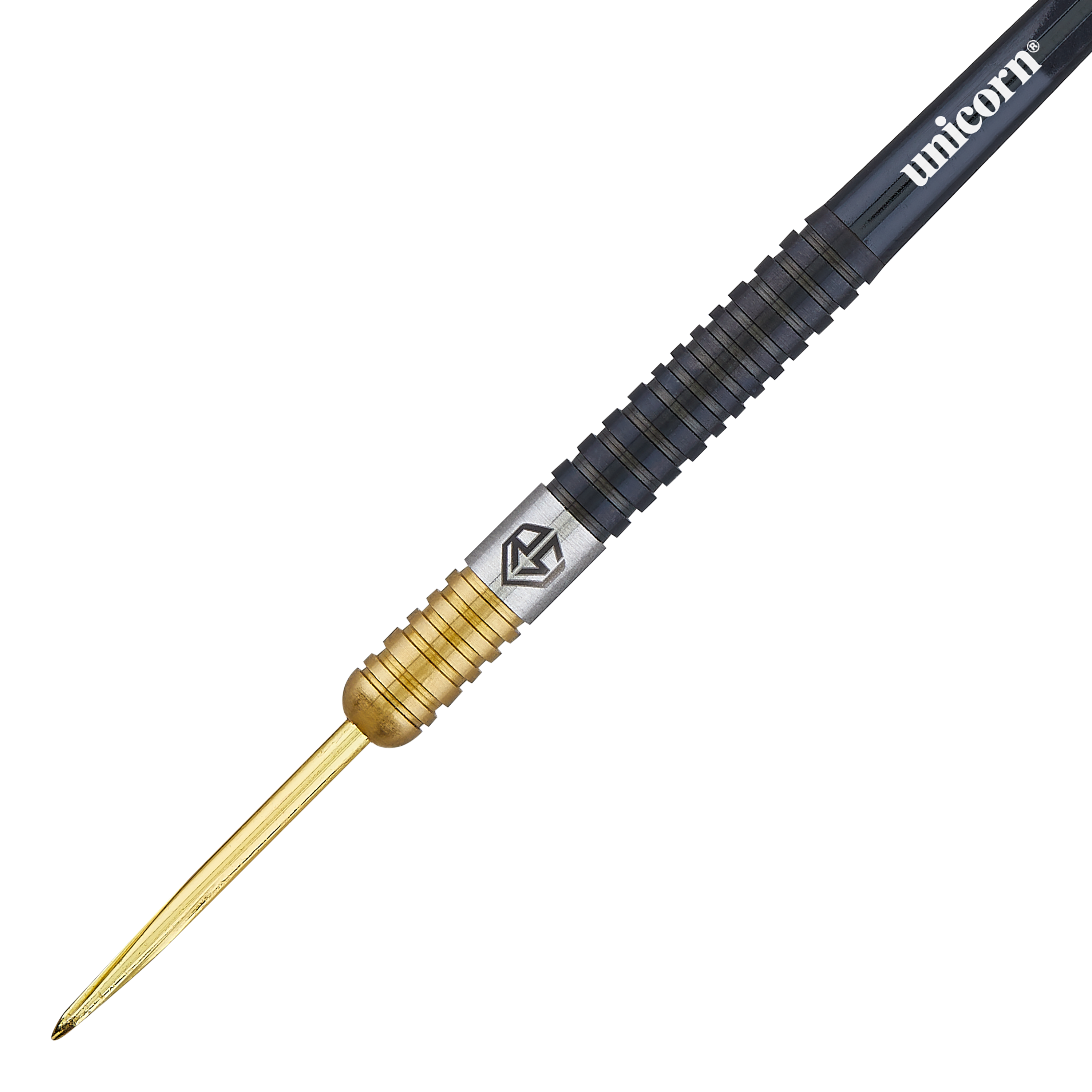 Fléchettes en acier bicolore Unicorn Ross Smith Das Bild zeigt einen Steeldart aus der Unicorn Ross Smith Two-Tone Serie. Der Dart ist zweifarbig mit einem goldenen vorderen Teil und einem schwarzen hinteren Teil gestaltet.