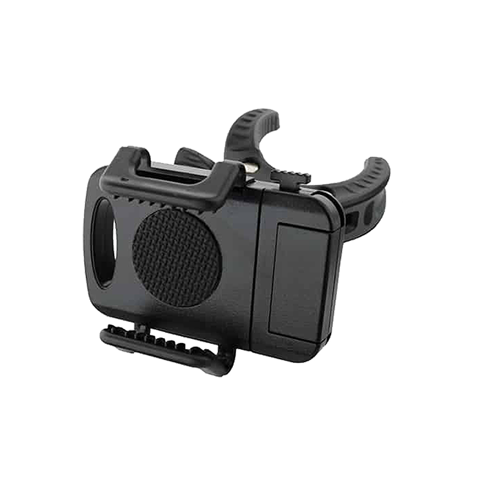 Support pour smartphone GranBoard Das Bild zeigt den GranBoard Smartphone-Halter. Es handelt sich um eine schwarze, kompakte Halterung zur Befestigung eines Smartphones.