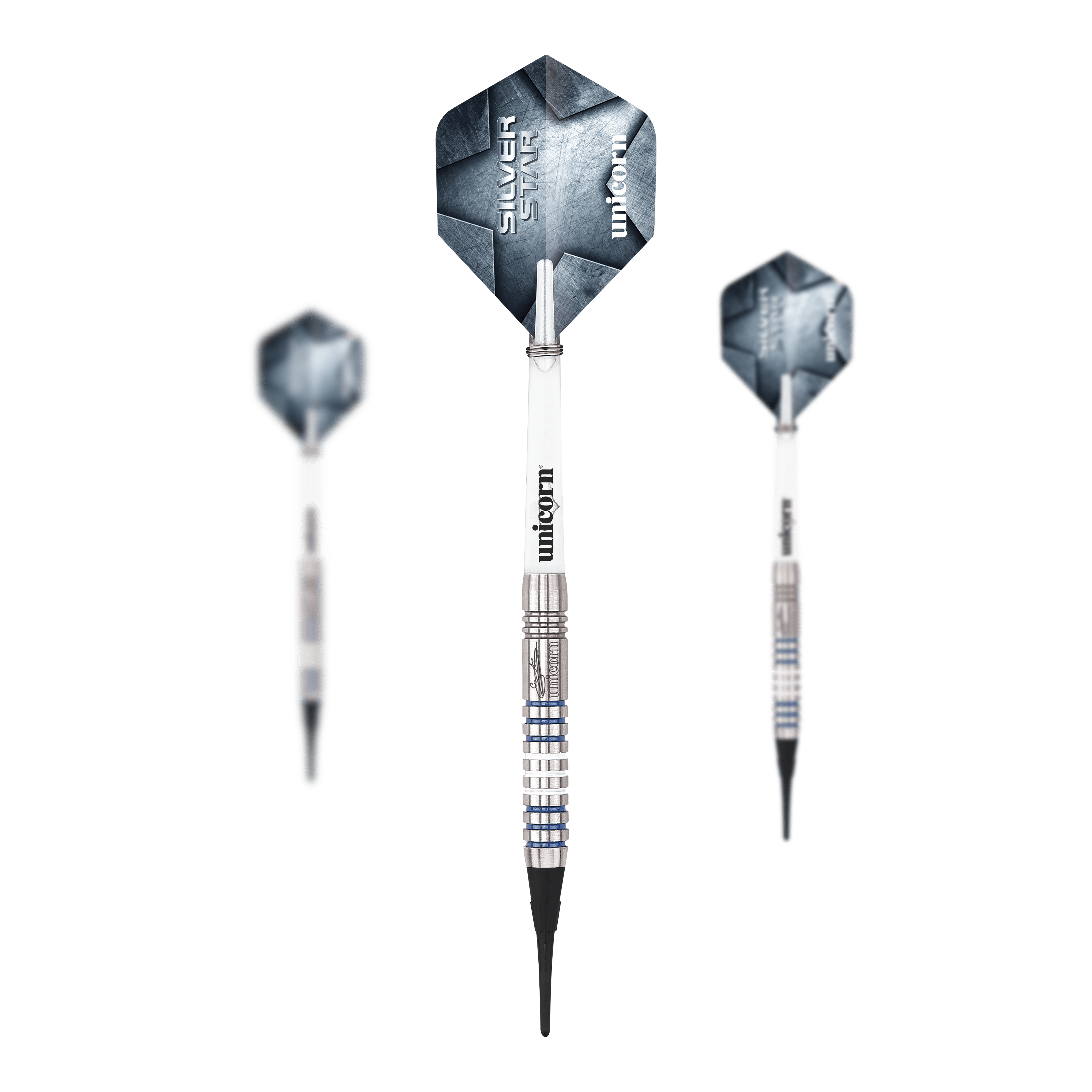 Fléchettes souples Unicorn Silver Star Var.3 Gary Anderson Das Produkt Unicorn Silver Star Var.3 Gary Anderson Softdarts ist als Set abgebildet. Man sieht die Dartpfeile in einer Verpackung angeordnet.