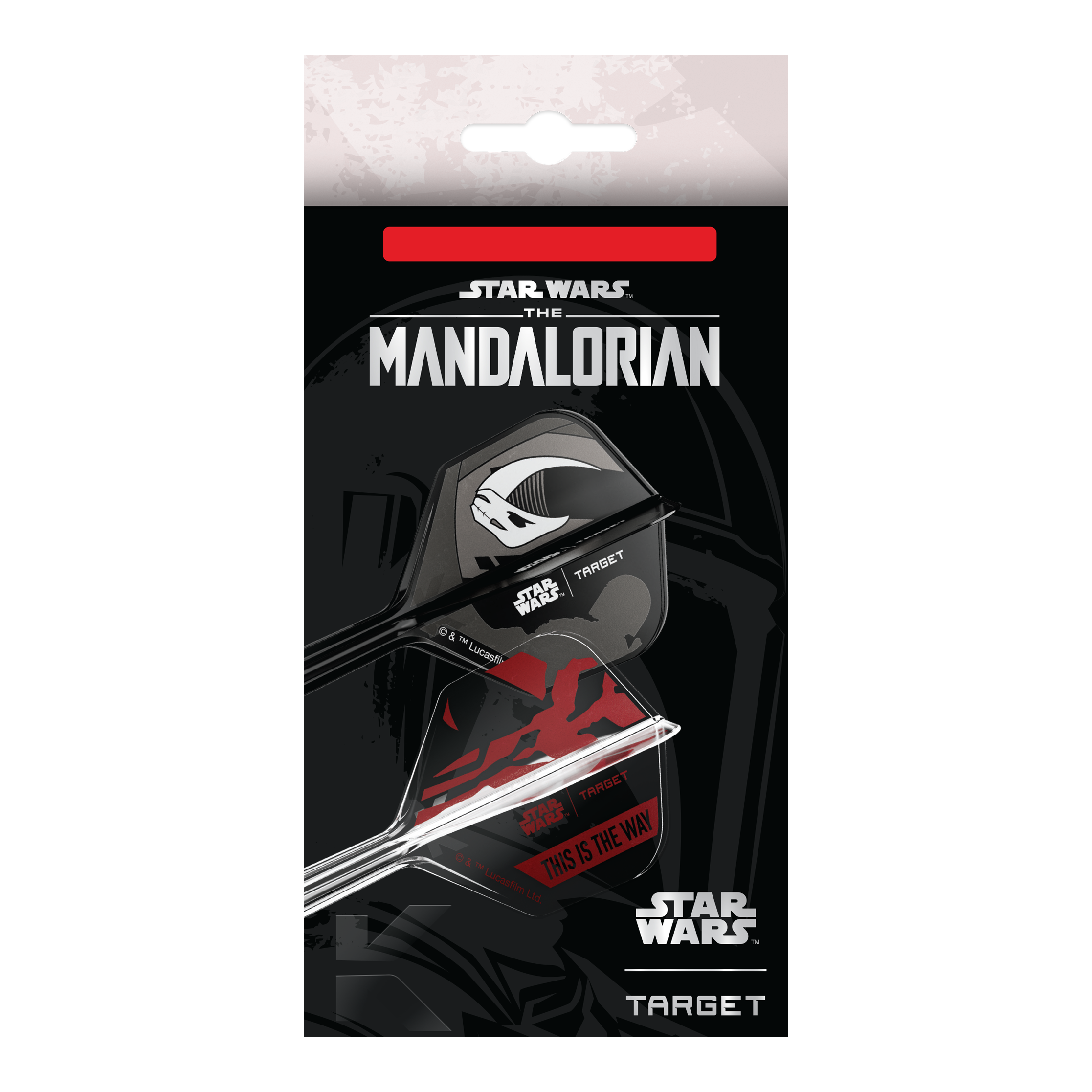 Das Bild zeigt das Target Star Wars K-Flex-Set Mandalorian No6 Flights. Das Produkt ist ein Dart-Set mit Mandalorian-Design aus der Star Wars Reihe.
