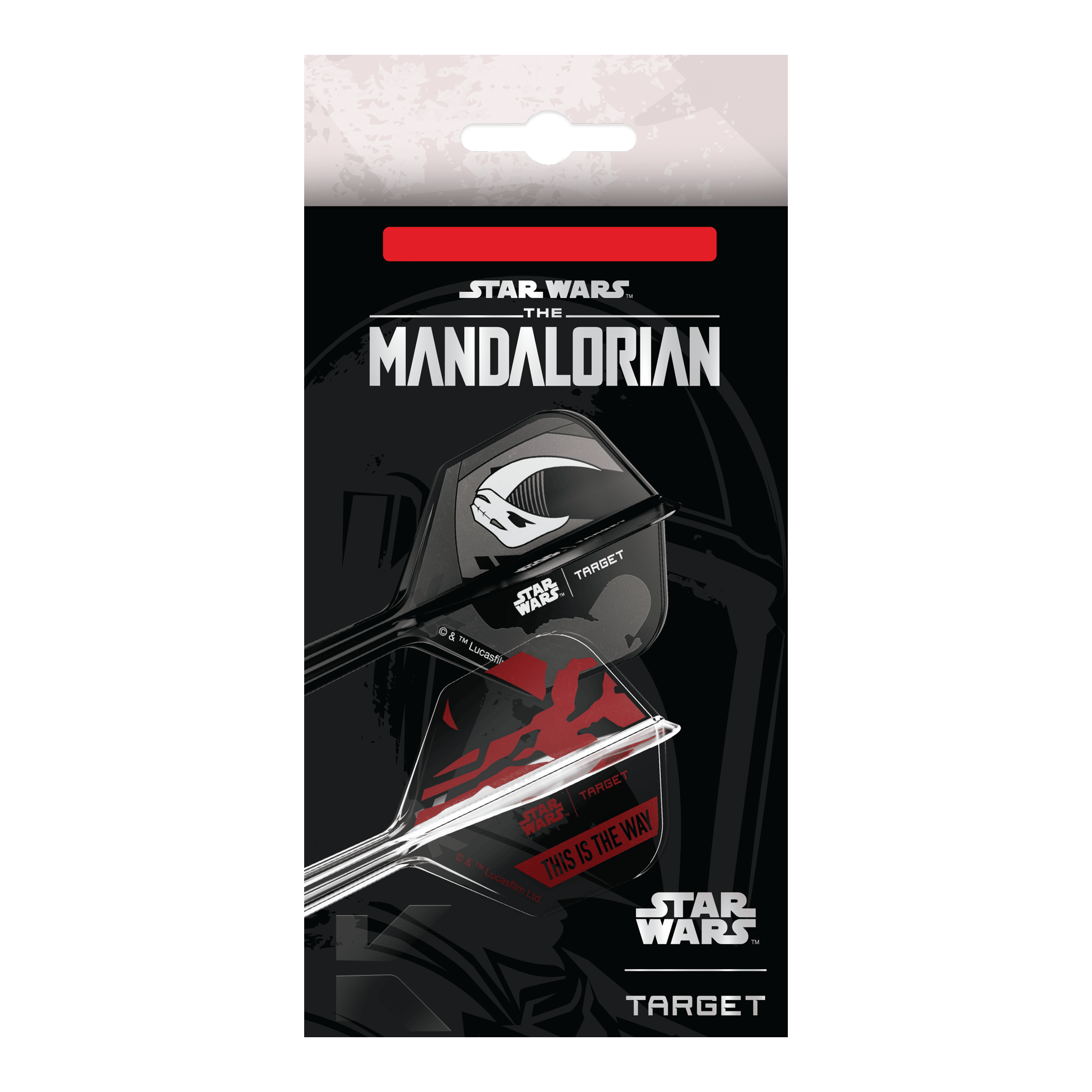 Coffret Target Star Wars K-Flex Mandalorian No6 Flights Das Bild zeigt das Target Star Wars K-Flex-Set Mandalorian No6 Flights. Das Produkt ist ein Dart-Set mit Mandalorian-Design aus der Star Wars Reihe.
