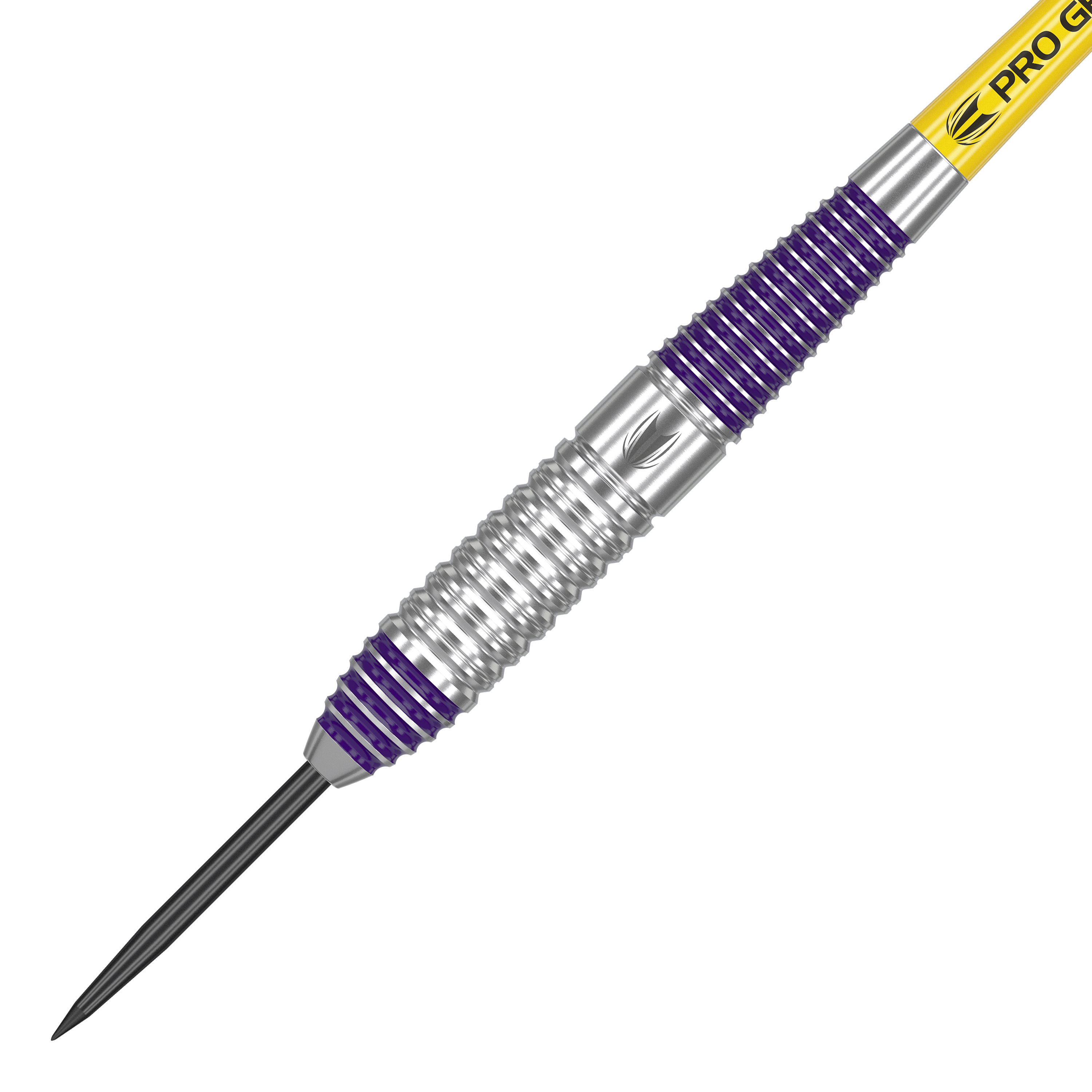 Fléchettes en acier Target Luke Littler en laiton - 22 g Das Bild zeigt einen Target Luke Littler Brass Steeldart mit einem Gewicht von 22g. Der Dart hat silberne und violette Rillen am Griff sowie eine gelbe Beschriftung am Schaft.