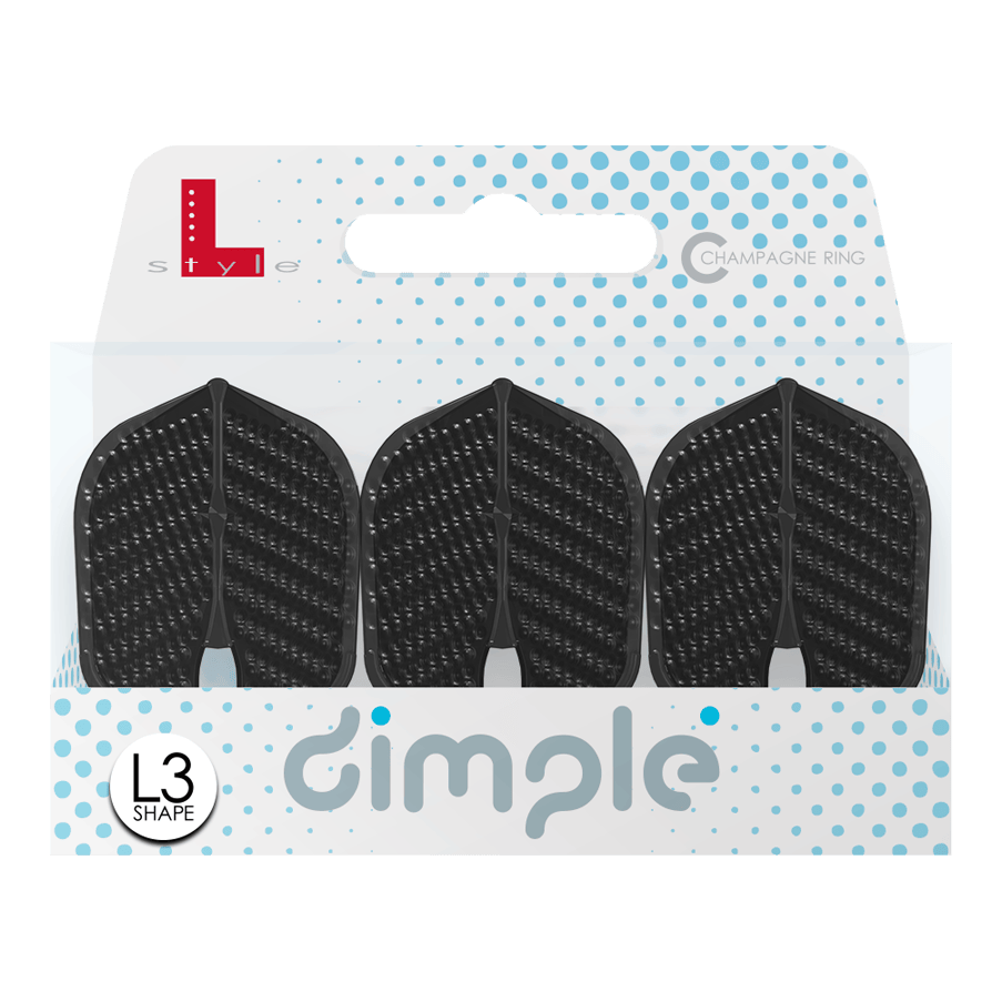 Vols de style L Dimple Champagne Forme L3PRO Das Bild zeigt eine Packung mit drei schwarzen L-Style Flights Dimple im L3PRO Shape. Die Verpackung ist weiß mit blauen Punkten und der Aufschrift „dimple“.