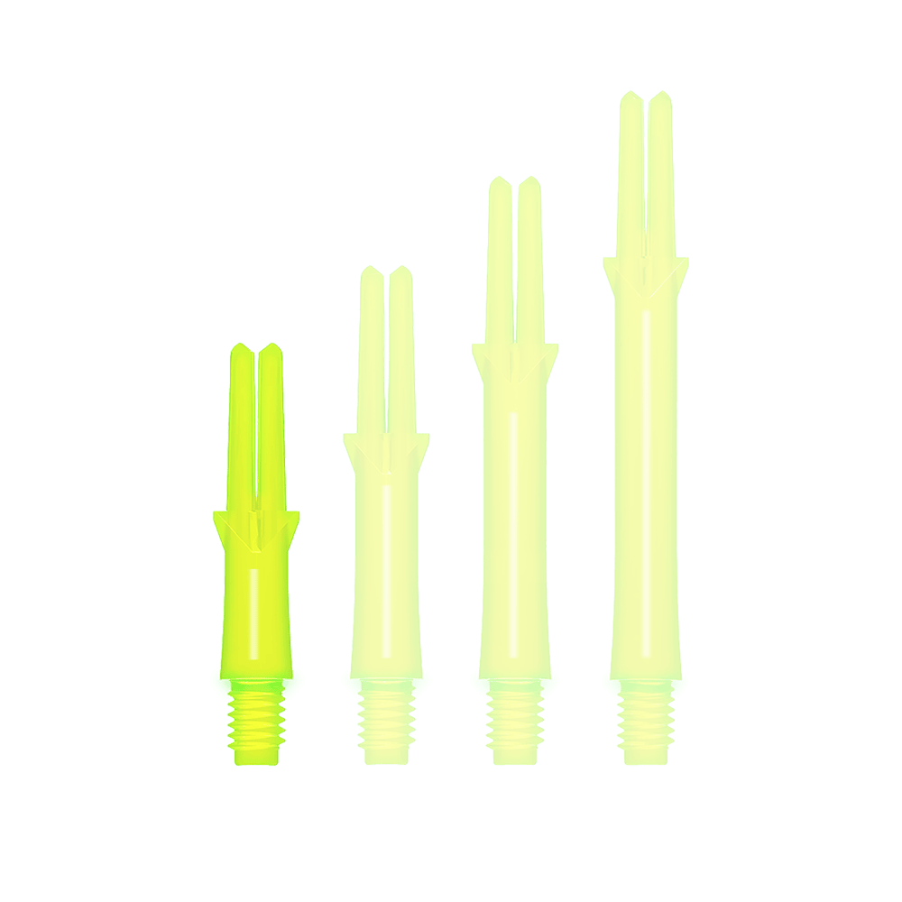Arbres en L verrouillés droits - Jaune fluo Auf dem Bild sind vier neon-gelbe Dart-Schäfte in verschiedenen Längen zu sehen. Sie haben ein gerades Design und ein Schraubgewinde am unteren Ende.