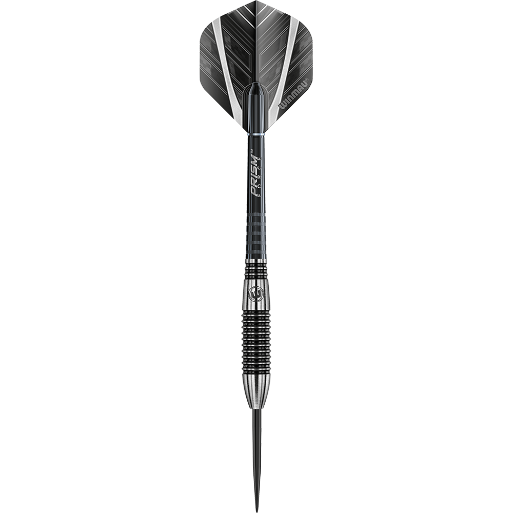 1043-24-Winmau-Blackout-Variante-2-Tungsten-Steeldarts-1n6upcBuMxcUZz Das Bild zeigt einen Winmau Blackout Variante 2 Steeldart. Der Dartpfeil ist schwarz-silbern und hat ein gerilltes Griffstück mit schwarzem Flight.