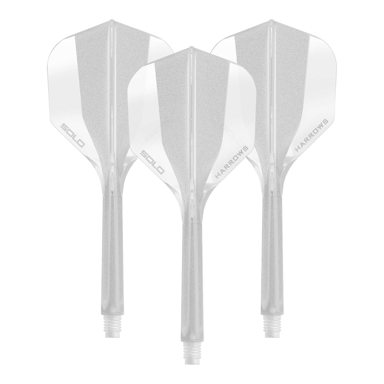 Système d'arbre de vol Harrows Solo No6 - Transparent Ein transparentes Dart Flight Shaft System der Marke Harrows, Größe 35mm. Das Bild zeigt ein Set des No6 Solo Flight Shaft Systems in klarer Ausführung.