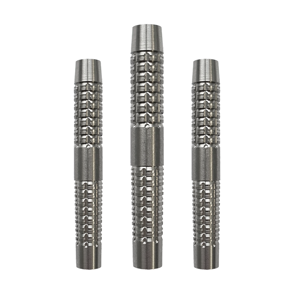 Corps de fléchettes souples McDart SilverGrip - 20 g Das Bild zeigt drei silberne Dart-Barrels der Marke McDart SilverGrip Softdart, jeweils mit einem Gewicht von 20 Gramm. Die Barrels haben eine strukturierte, griffige Oberfläche für besseren Halt.
