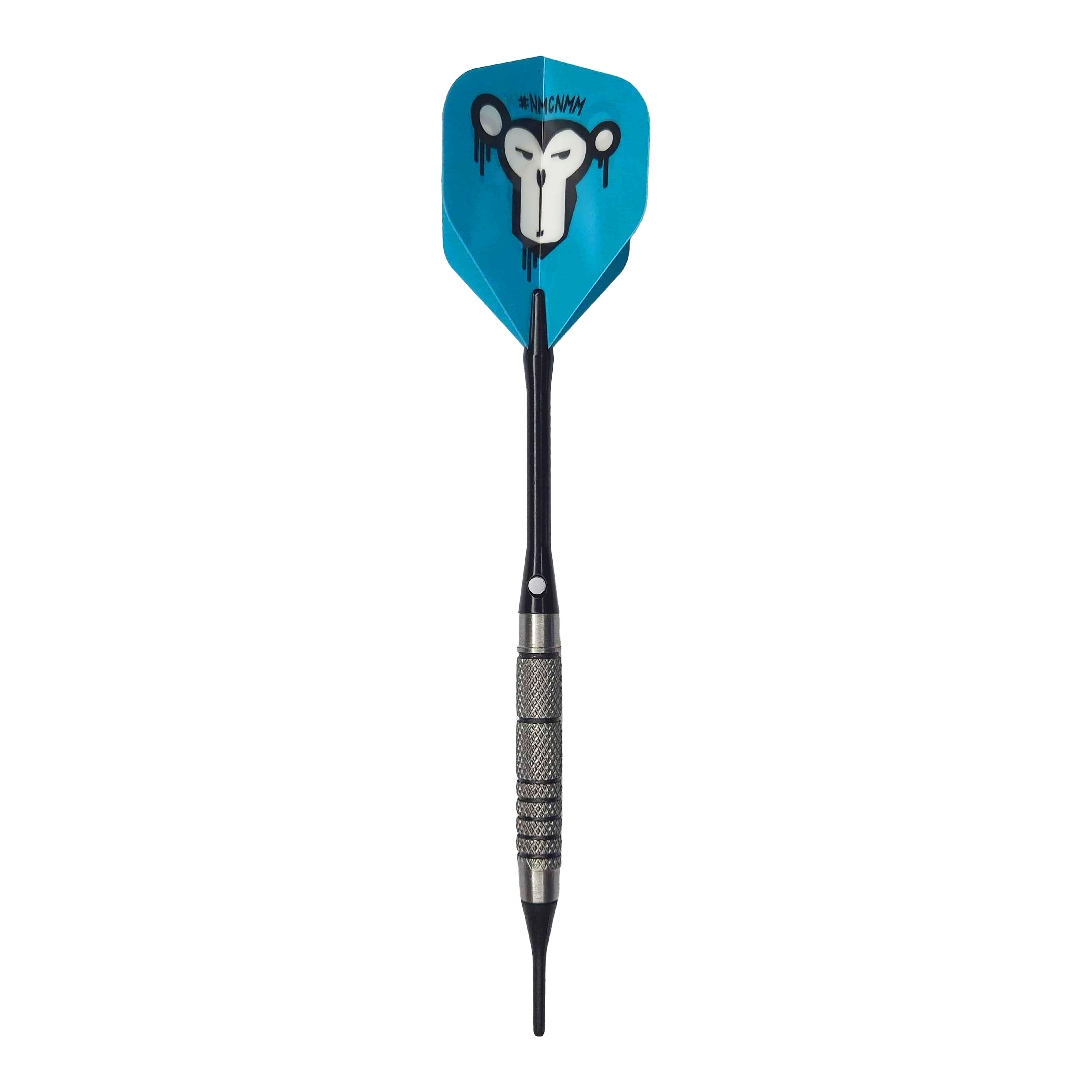 Fléchettes souples McDart 85 Tungstène V10 - 17,5 g Der McDart 85er Tungsten V10 Softdart wiegt 17,5 Gramm und hat einen schwarzen, geriffelten Griff. Die blaue Flight zeigt ein Affengesicht mit künstlerischem Design.
