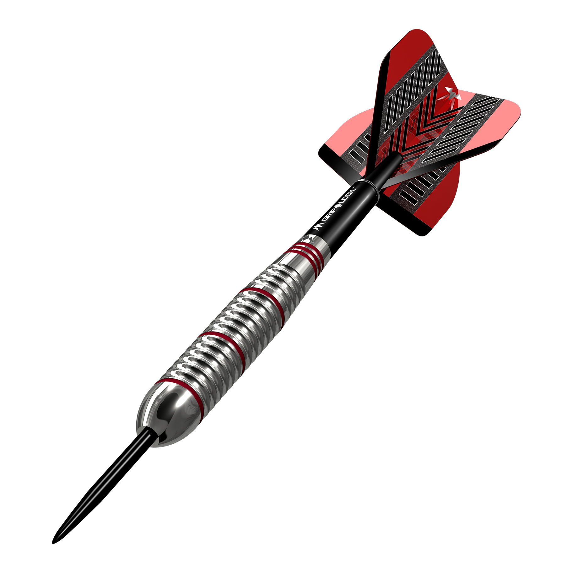 Fléchettes Mission Rogue en acier laitonné - 22 g Das Bild zeigt einen Mission Rogue Brass Steeldart mit einem Gewicht von 22g. Der Dartpfeil hat ein silbernes Griffstück mit roten Akzenten und rote Flights.