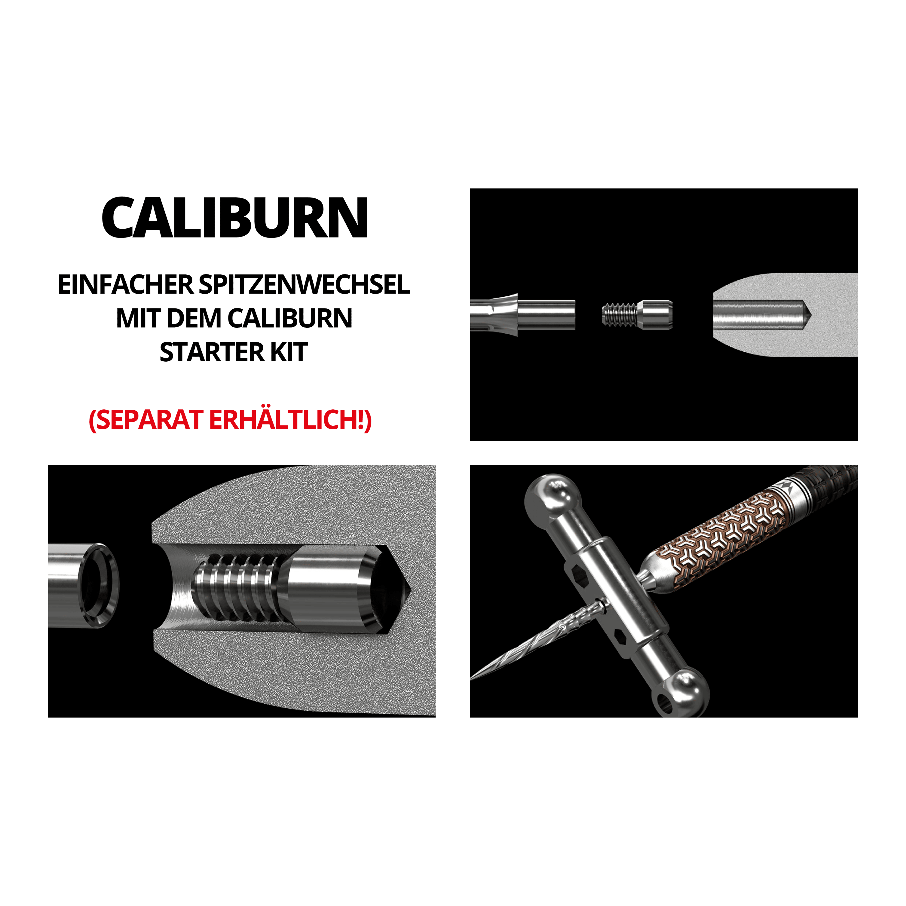 Pointes de fléchettes en acier Caliburn System - Spiro - NoLip - argent Das Bild zeigt eine Montageanleitung für ein spezielles Steeldartspitzen-System. Es illustriert die einzelnen Bauteile und Werkzeuge sowie deren Zusammenbau.