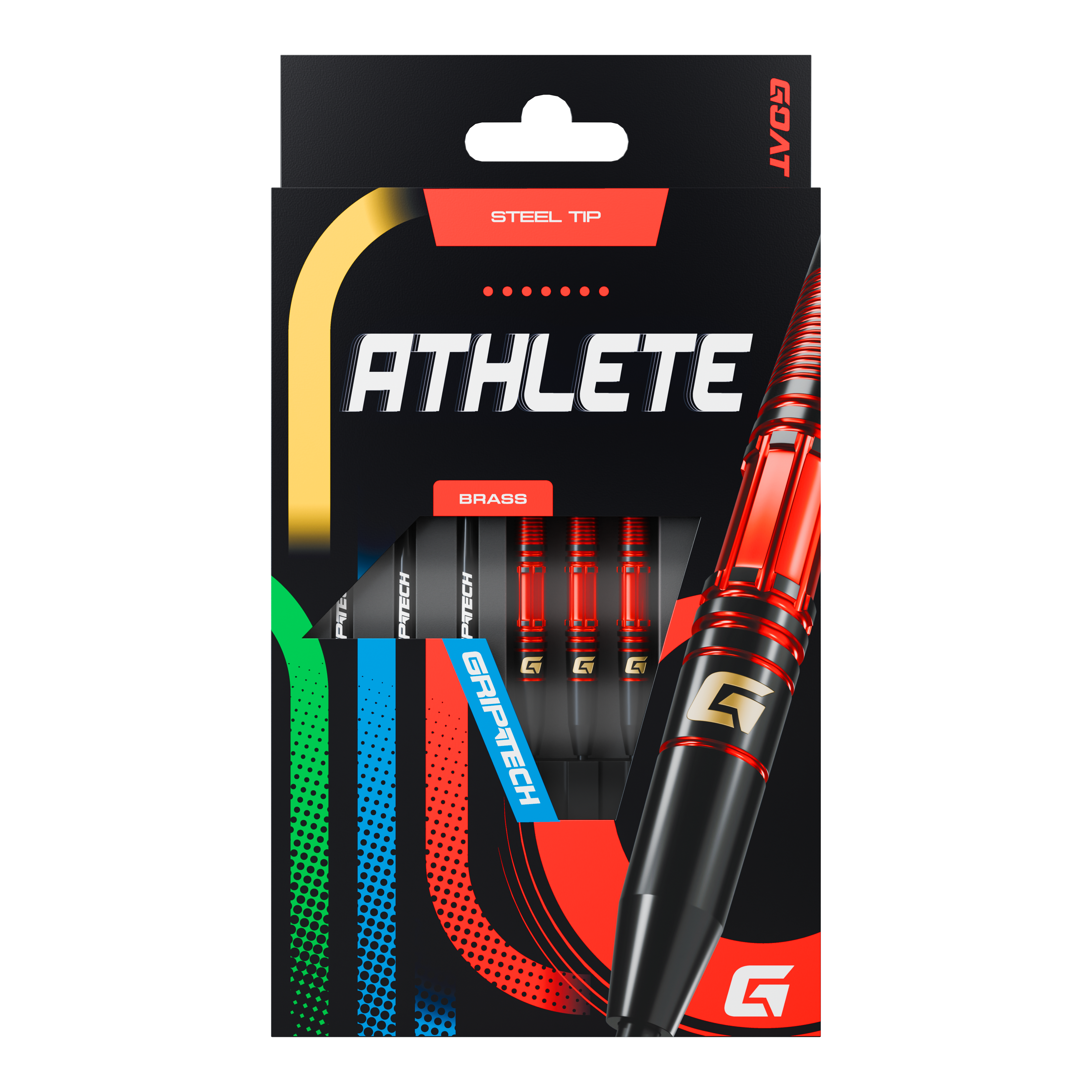 Das Bild zeigt die Verpackung der GOAT Athlete Red Brass Steeldarts mit einem Gewicht von 11g. Die Darts haben eine rote und schwarze Farbgebung und verfügen über eine Stahlspitze.
