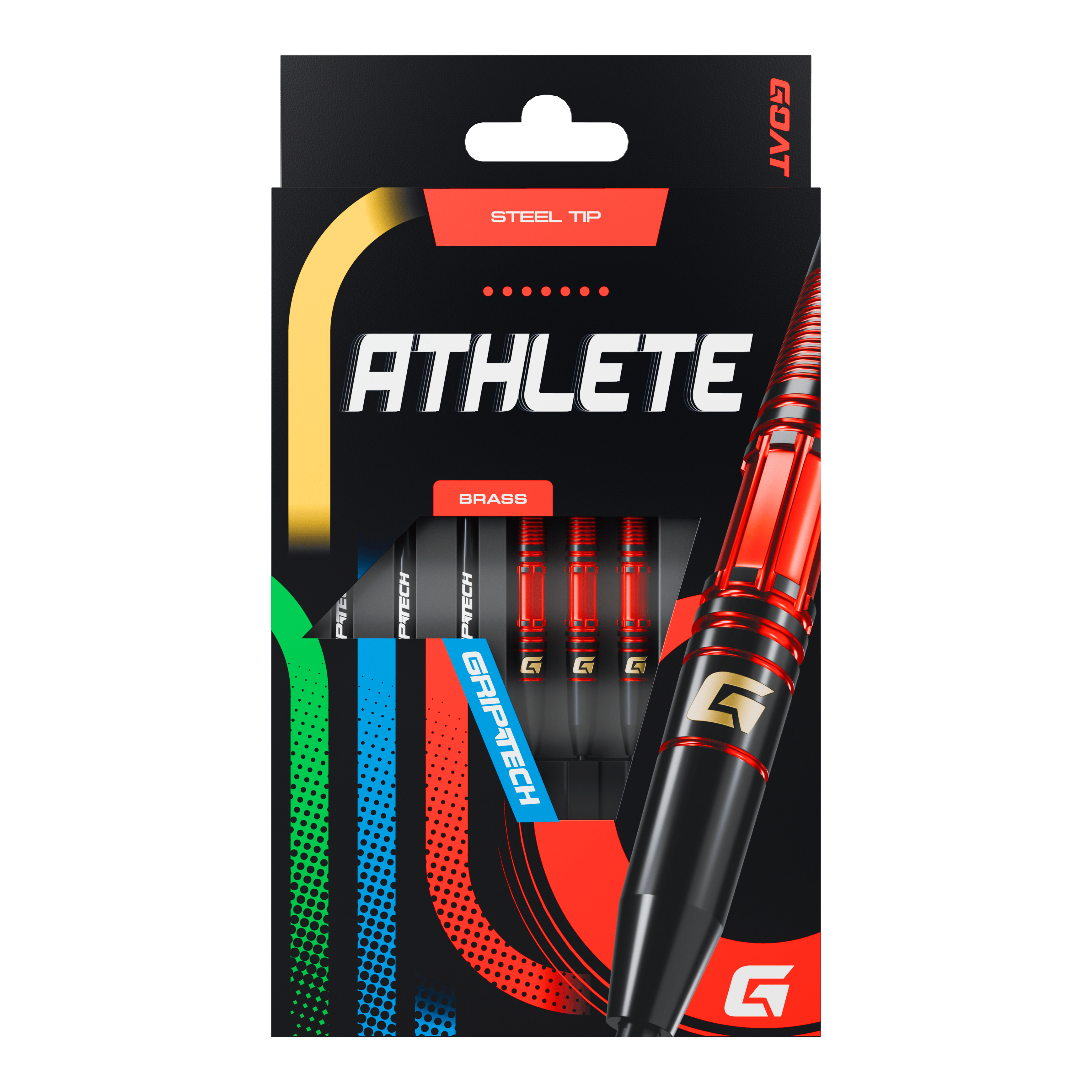 Fléchettes en acier GOAT Athlete en laiton rouge - 11 g Das Bild zeigt die Verpackung der GOAT Athlete Red Brass Steeldarts mit einem Gewicht von 11g. Die Darts haben eine rote und schwarze Farbgebung und verfügen über eine Stahlspitze.
