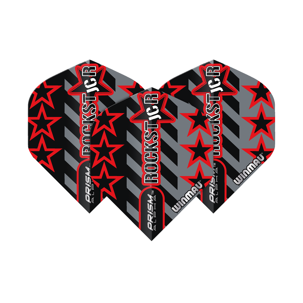 6915-713_Winmau_Prism_Alpha_Joe_Cullen_GreyBlack_Standard_Flights_14oPRFI0vTyU6B Das Bild zeigt drei Winmau Prism Alpha Joe Cullen GreyBlack Standard Flights. Die Flights sind schwarz und grau gestaltet und mit roten Sternen und dem Schriftzug "ROCKSTAR" bedruckt.