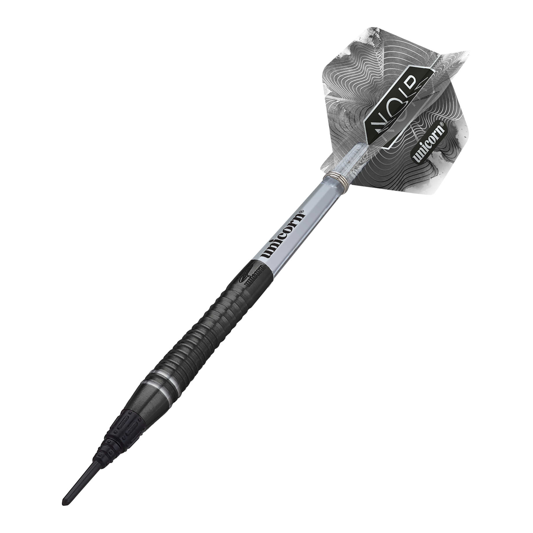 Champion du monde Unicorn Gary Anderson Noir Phase 6 Soft Darts Das Bild zeigt einen Unicorn World Champion Gary Anderson Noir Phase 6 Softdart. Der Dartpfeil ist schwarz-silbern und hat ein modernes, gemustertes Flight-Design.