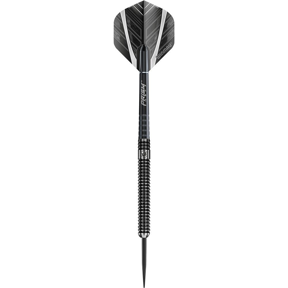 1083-24-Winmau-Blackout-Variante-1-Tungsten-Steeldarts-1mkkQhcL3tfKVy Der Bild zeigt einen schwarzen Steeldartpfeil mit silbernen Akzenten. Der Dart hat eine strukturierte Griffzone und einen modernen Flight.