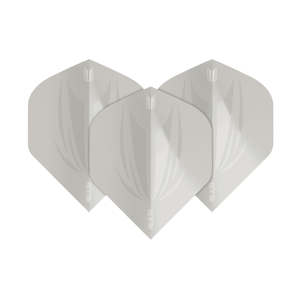 TG416_Target_ProUltra_ID_Grey_No2_Standard_Flights_19hWHhzA2IPzxE Das Bild zeigt drei graue Dartflights des Modells "Target ProUltra ID Grey No2 Standard Flights". Die Flights haben ein modernes, dezentes Design mit weißen Akzenten und dem "Pro Ultra"-Schriftzug.