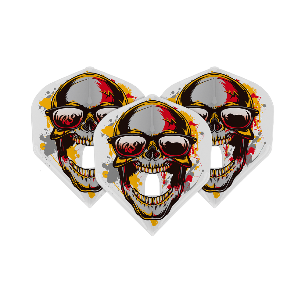 Volets standard L-Style Marijanovic V1 L1PRO Das Bild zeigt drei L-Style Marijanovic V1 L1PRO Standard Flights. Auf jedem Flight ist ein auffälliger Totenkopf mit Sonnenbrille und bunten Farbeffekten abgebildet.