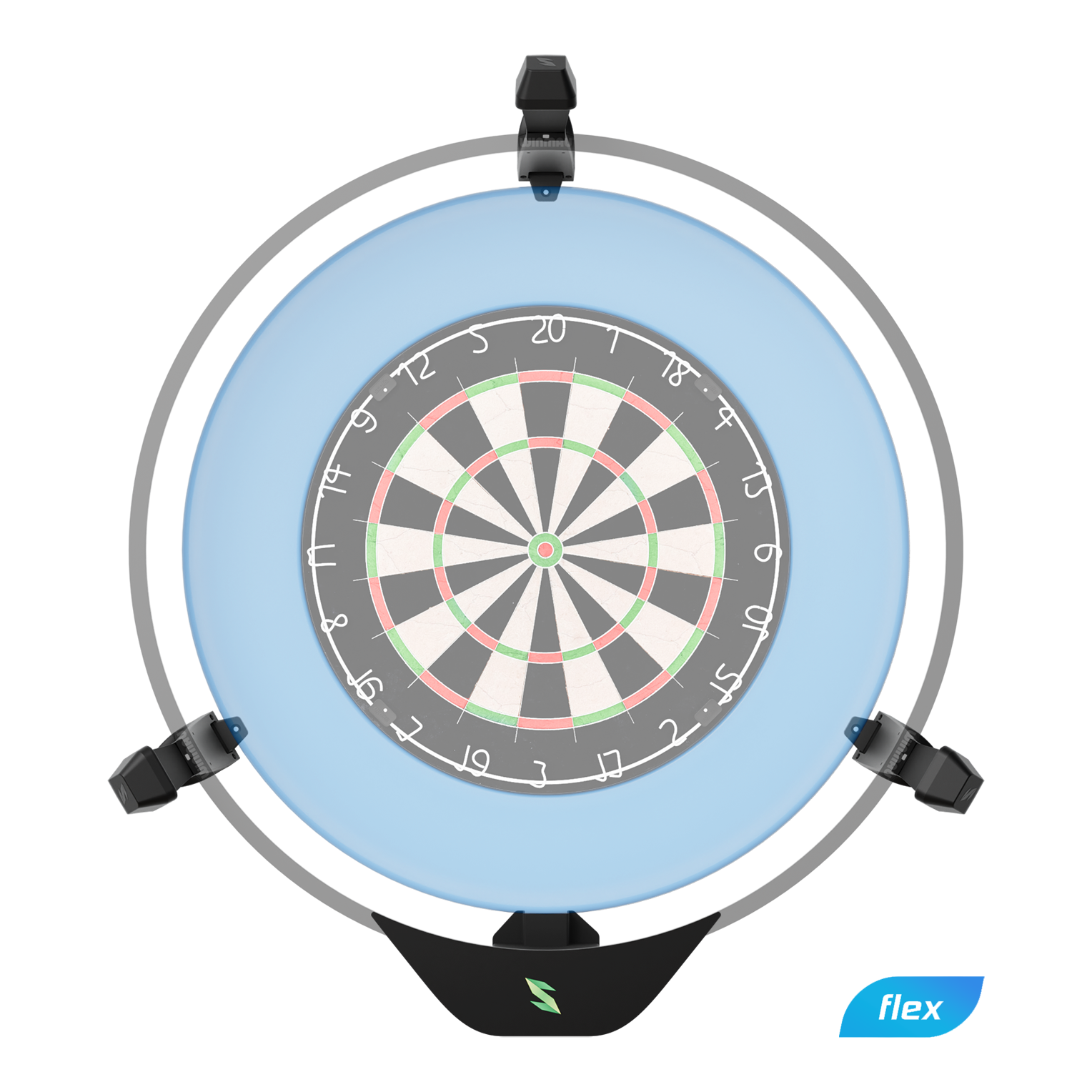 Scolia Home 2 FLEX - Système de notation électronique automatique 2026 Das Bild zeigt das Produkt "Scolia Home 2 FLEX - Electronic Score System". Es handelt sich um ein elektronisches Punktesystem für eine Dartscheibe, das von einem runden Rahmen mit blauer Beleuchtung umgeben ist.