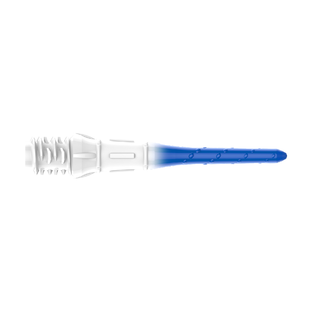 Das Bild zeigt eine Dartspitze mit einem Farbverlauf von Weiß zu Blau. Die Spitze hat kleine Einkerbungen entlang des blauen Teils.