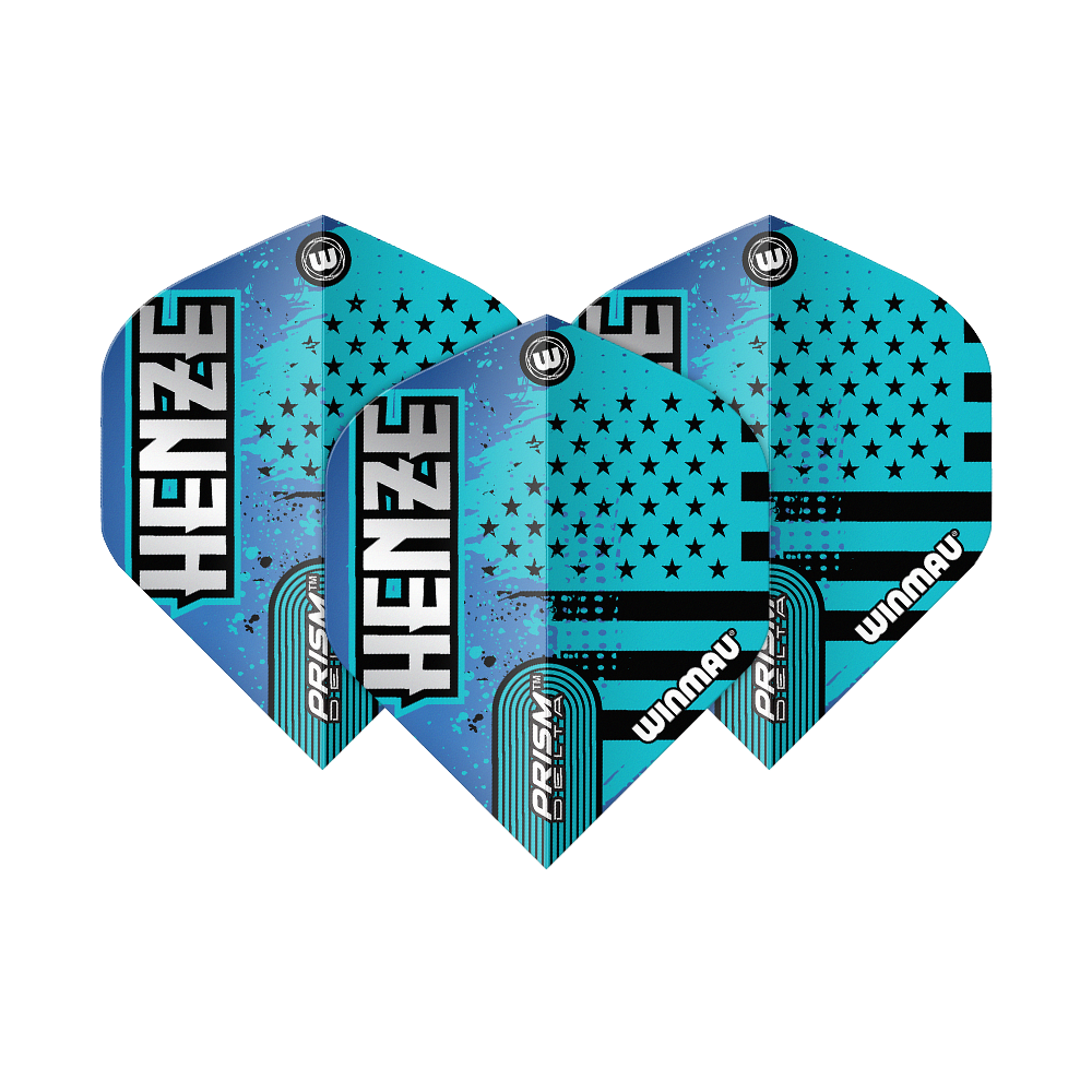Vols standard Winmau Prism Delta Rick Henze Das Bild zeigt drei Winmau Prism Delta Rick Henze Standard Flights für Darts. Die Flights sind in Blau- und Schwarztönen gestaltet und mit dem Namen "Henze" sowie Sternenmotiven bedruckt.