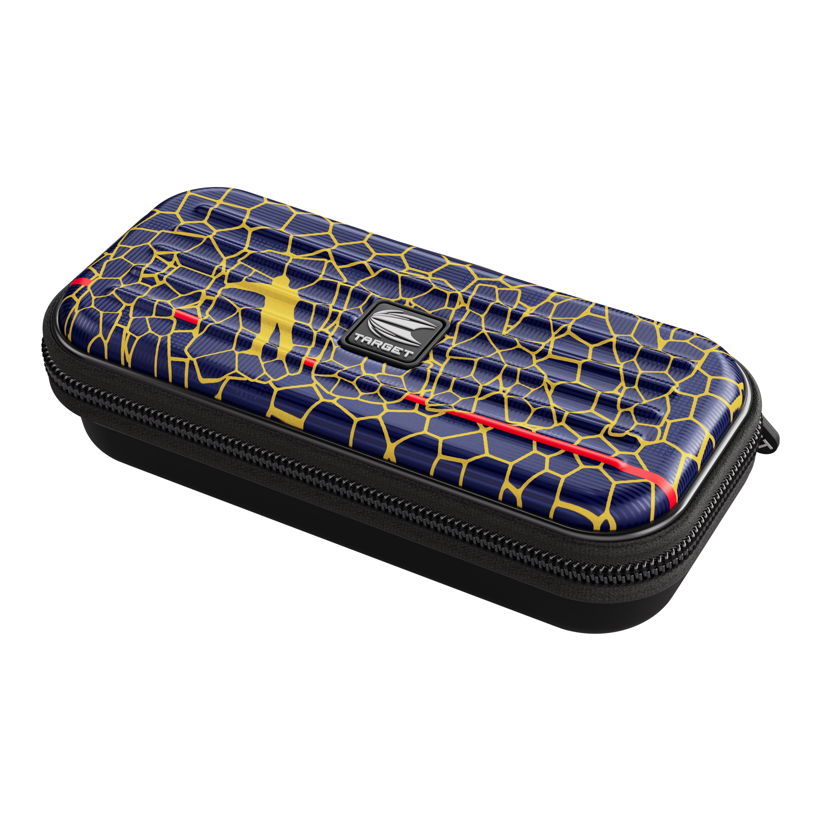 Étui à fléchettes Target Takoma Josh Rock Das Bild zeigt das Produkt "Target Takoma Josh Rock Dartcase". Das Dartcase hat ein auffälliges Design mit gelben Linien auf dunkelblauem Hintergrund und einem kleinen Logo in der Mitte.