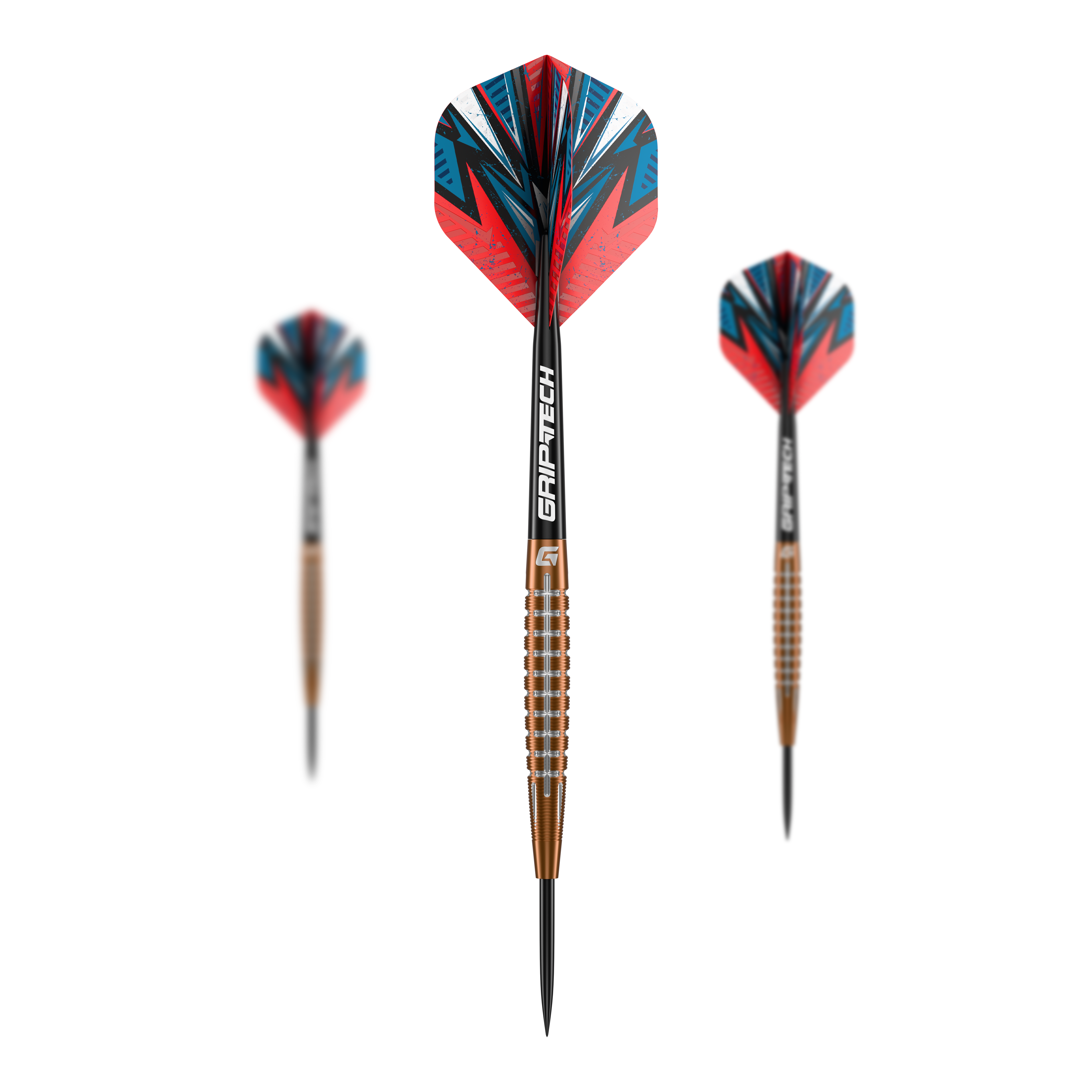 Fléchettes en acier tungstène GOAT Quarterback V1 Das Bild zeigt drei GOAT Quarterback V1 Tungsten Steeldarts. Die Pfeile haben bunte Flights in Rot, Blau und Schwarz sowie einen bronzefarbenen, gerillten Schaft.