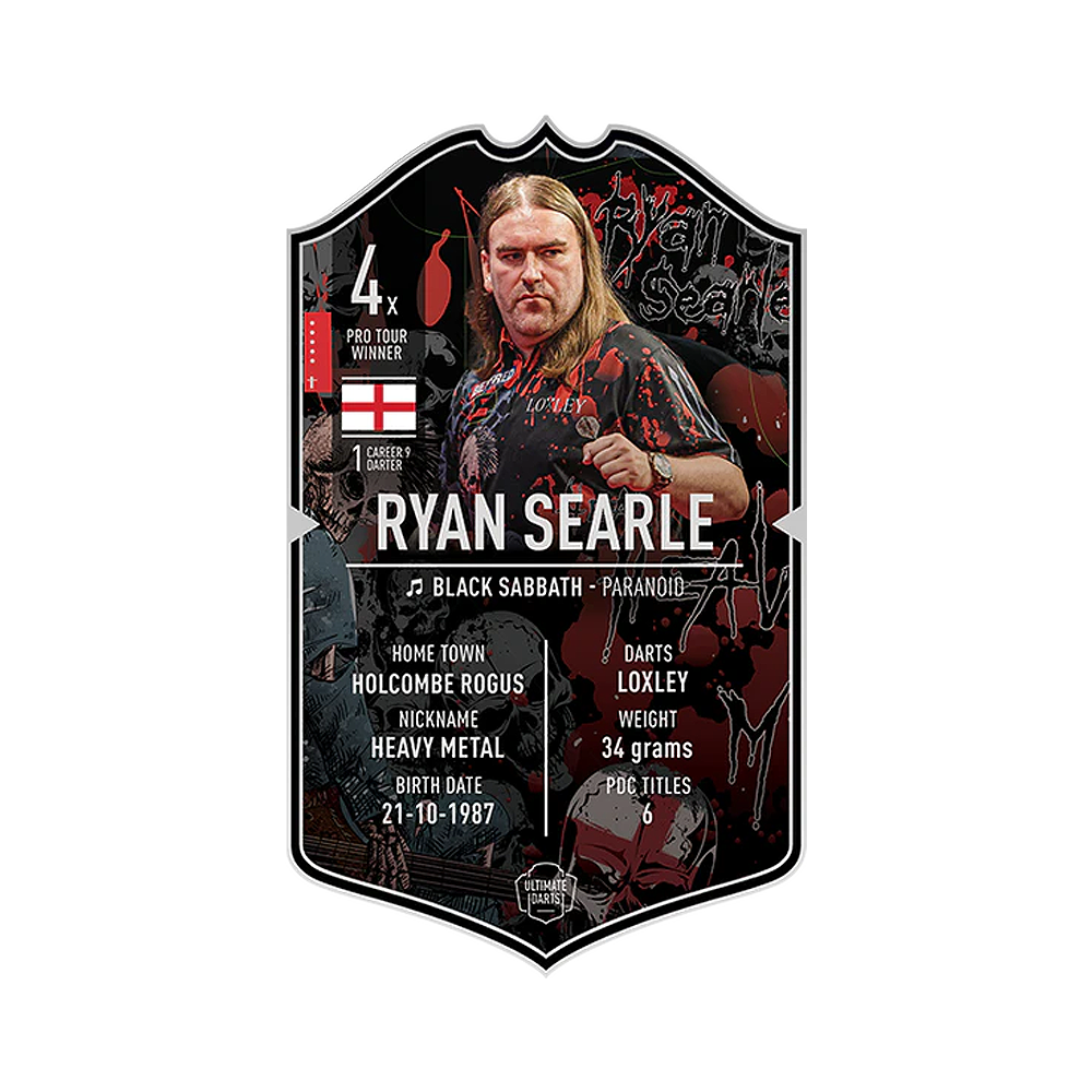 Carte de fléchettes ultime - Ryan Searle Das Bild zeigt die „Ultimate Darts Card“ von Ryan Searle. Auf der Karte sind Informationen zu seinem Spitznamen, Geburtsdatum, Herkunft und Erfolgen im Dartsport zu sehen.