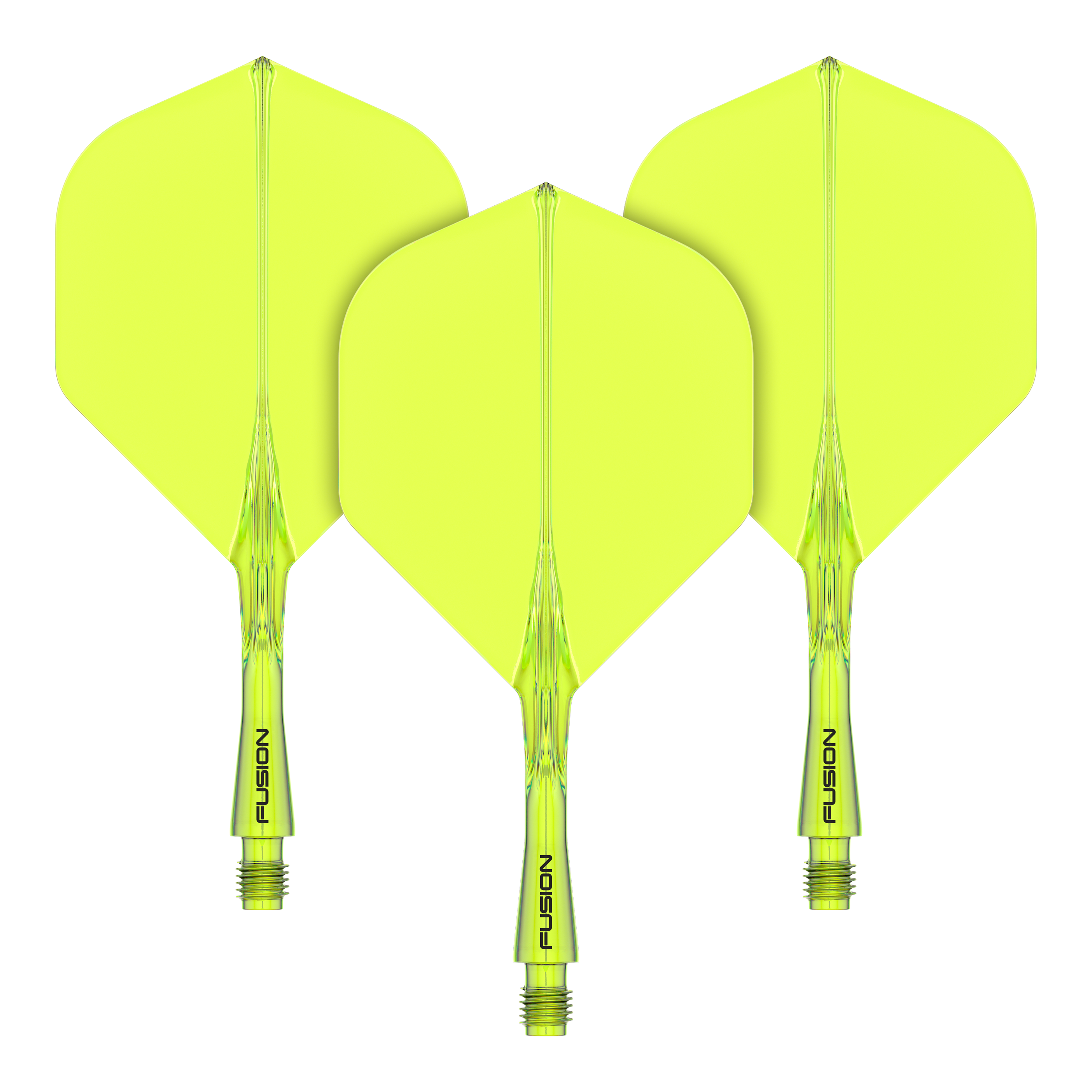 Système d'arbre de vol Winmau Fusion Standard Jaune Das Bild zeigt drei gelbe Dartflights mit Schaftsystem. Auf den Schäften steht das Wort "FUSION" geschrieben.
