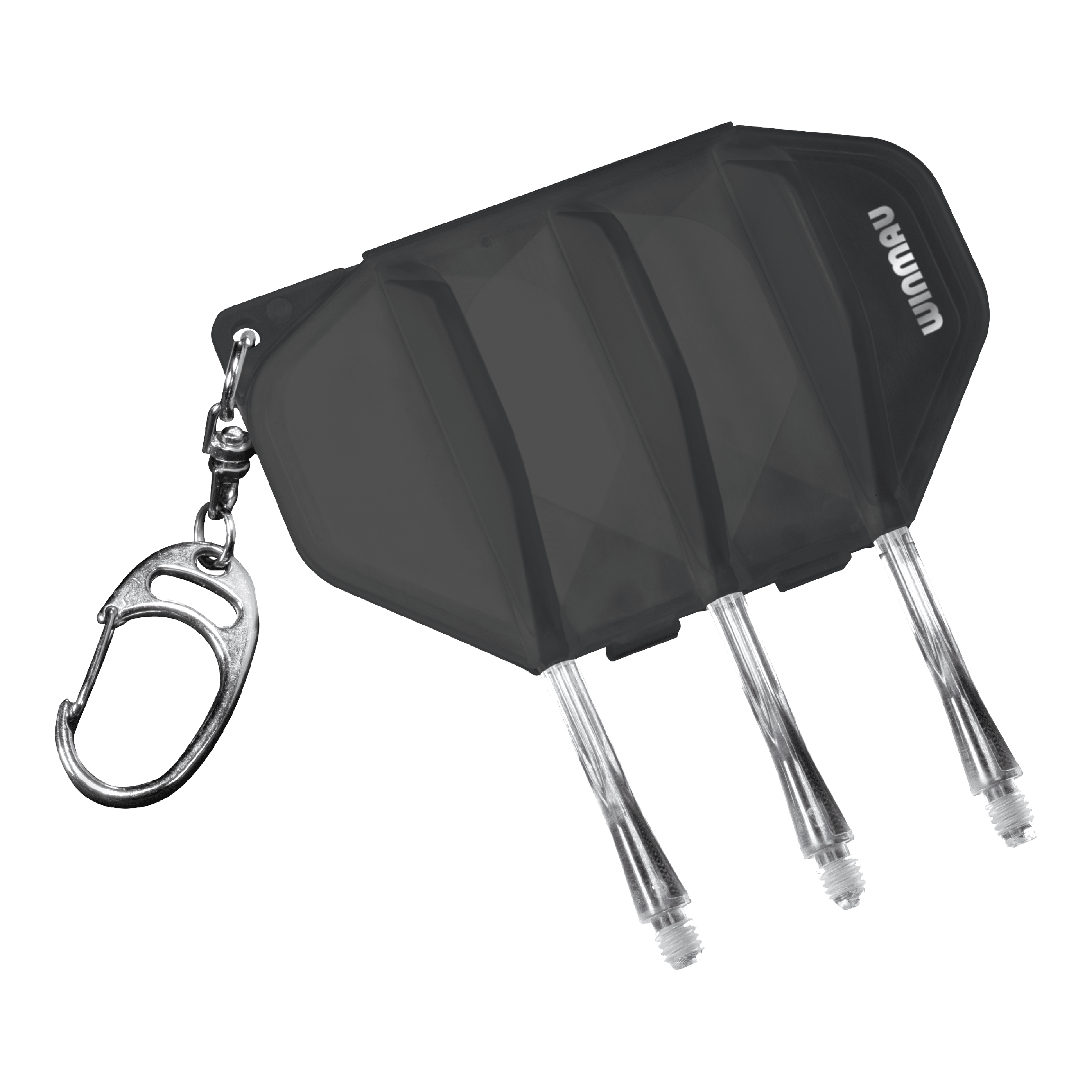 Flight-case Winmau Fusion - Noir transparent Das Bild zeigt das Winmau Fusion Flightcase in der Farbe Clear Black. Es besitzt einen Schlüsselanhänger und Platz für Darts-Flights und -Shafts.