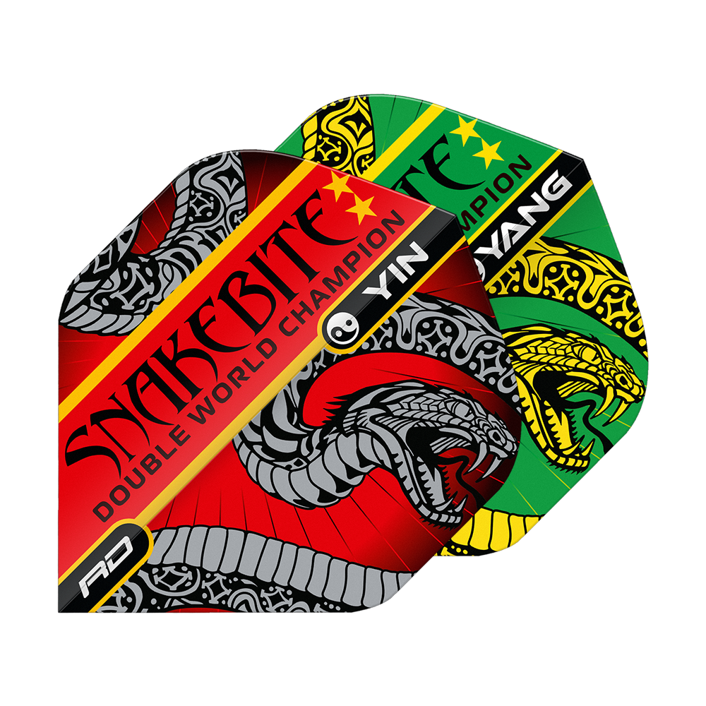 Dragon Rouge Peter Wright Morsure de Serpent Rouge Vert Yin Yang Vols Standards Auf dem Bild sind zwei bunte Dart-Flights mit Schlangenmotiven zu sehen. Die Flights tragen die Aufschrift "Snakebite Double World Champion" und haben die Farben Rot und Grün.