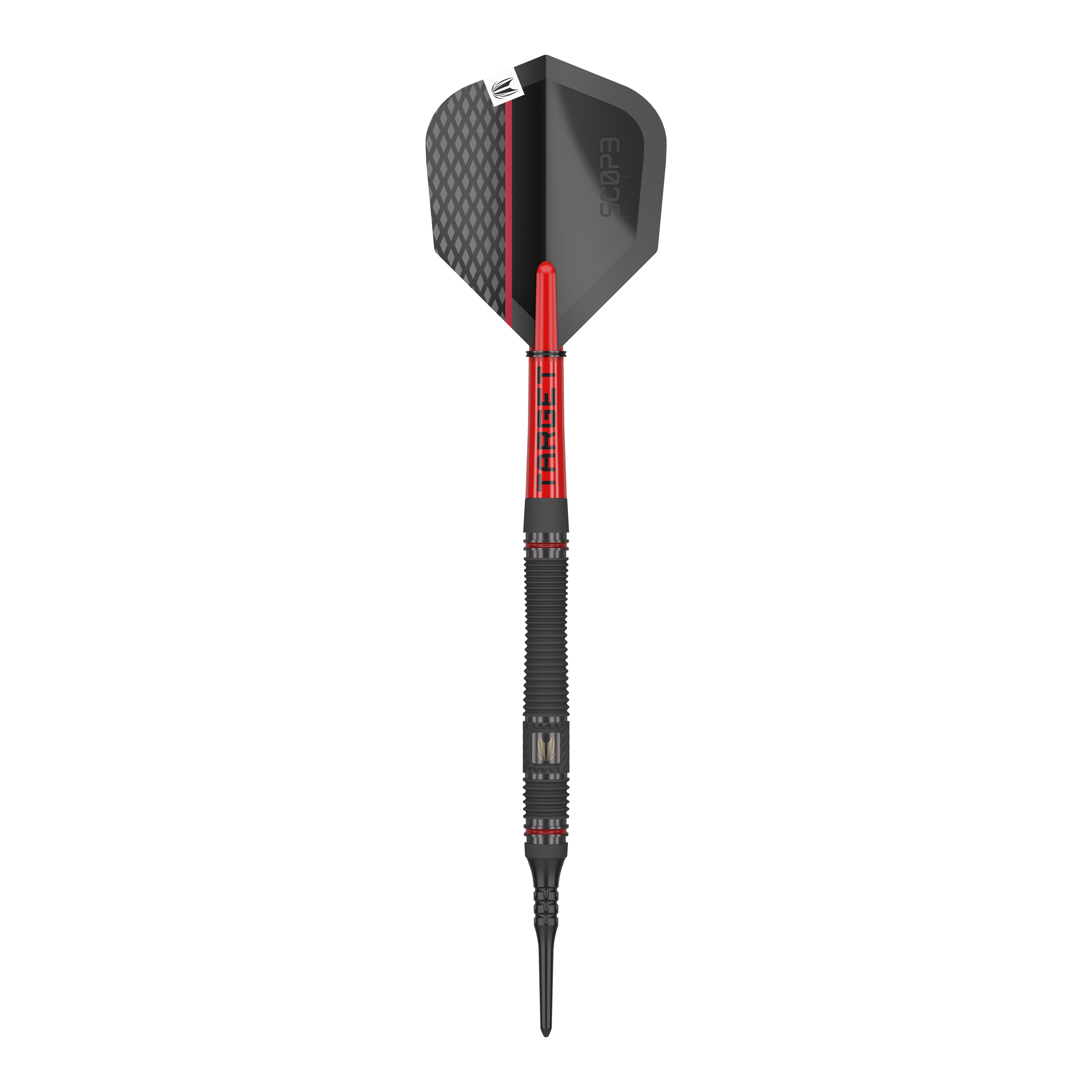 Target Scope 11 fléchettes souples Das Bild zeigt einen Softdart namens "Target Scope 11 Softdarts". Der Dart ist schwarz und rot mit einem modernen Design und einer strukturierten Oberfläche.