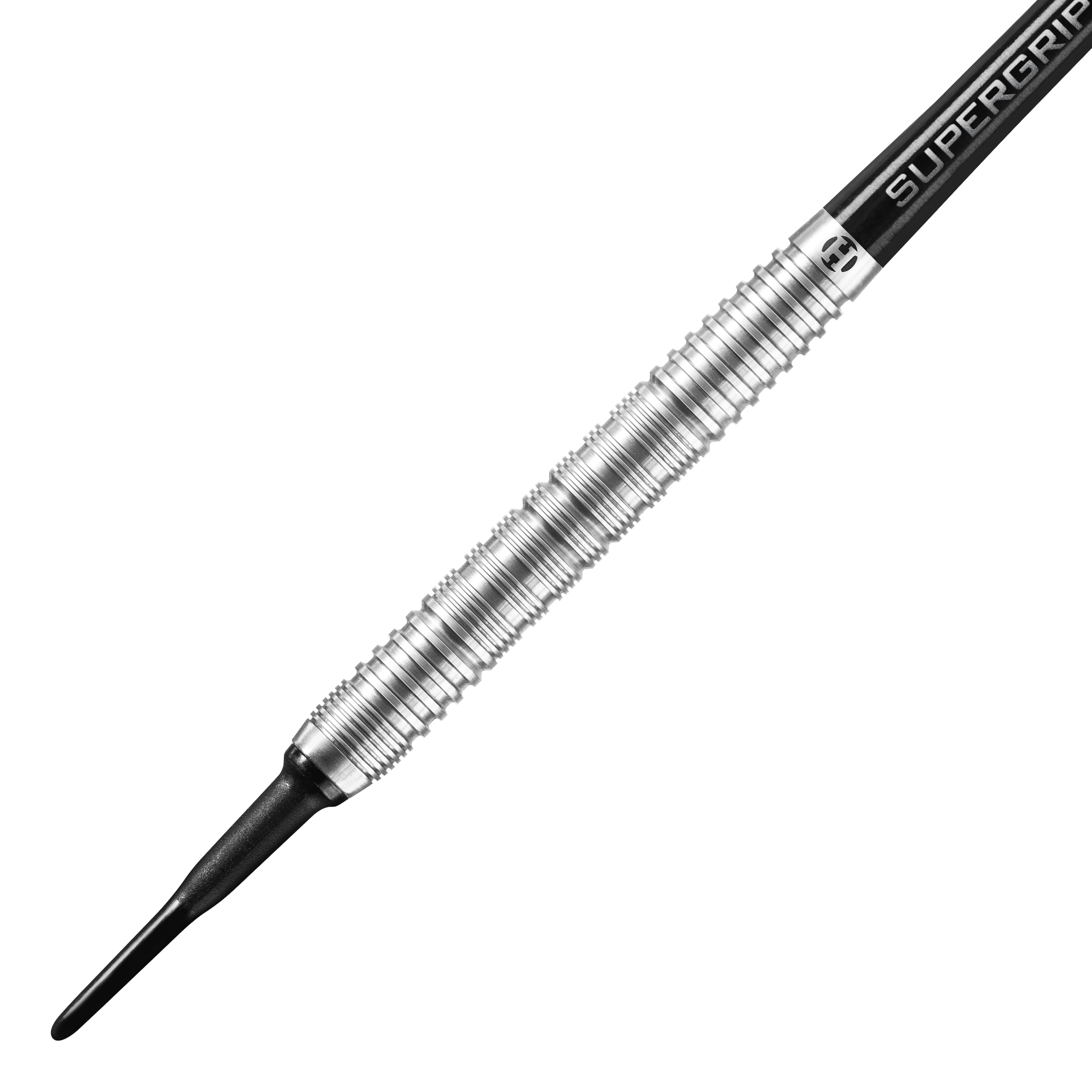 Fléchettes souples parallèles Harrows Control Das Bild zeigt einen Harrows Control Parallel Softdart mit einem silbernen, gerillten Barrel. Der Dart hat eine schwarze Kunststoffspitze und einen Schaft mit der Aufschrift "Supergrip".
