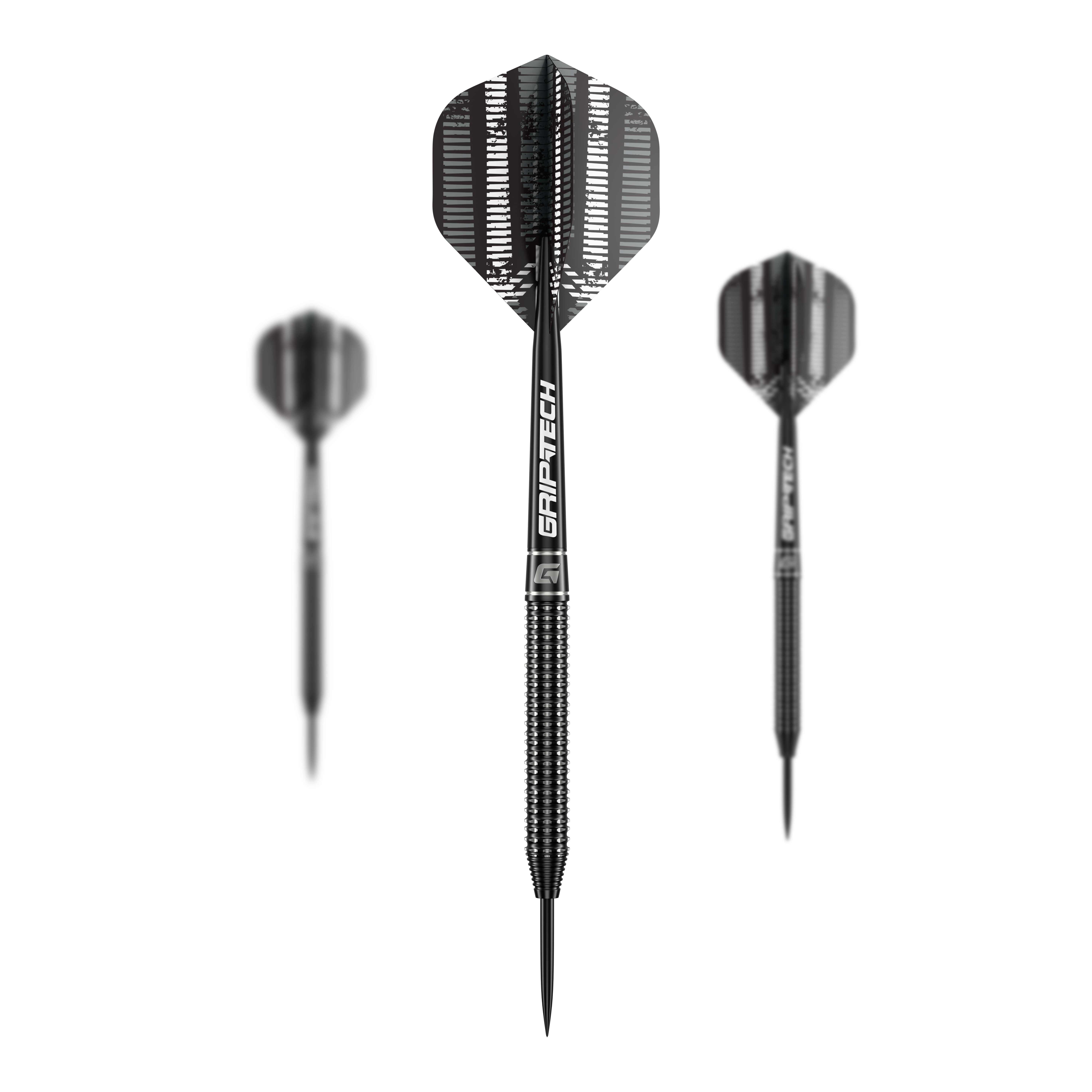 Fléchettes GOAT Sprocket en acier tungstène Das Bild zeigt drei schwarze Steeldarts mit der Aufschrift "GRIPTECH" auf den Schäften. Es handelt sich um das Produkt "GOAT Sprocket Tungsten Steeldarts".