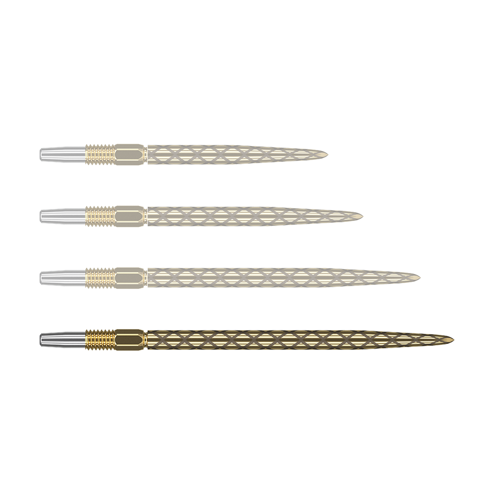 Pointes de fléchettes Target Swiss Diamond Pro Gold Das Bild zeigt vier goldfarbene Dartspitzen mit einem rautenförmigen Muster. Die Spitzen liegen parallel nebeneinander auf einem grünen Hintergrund.