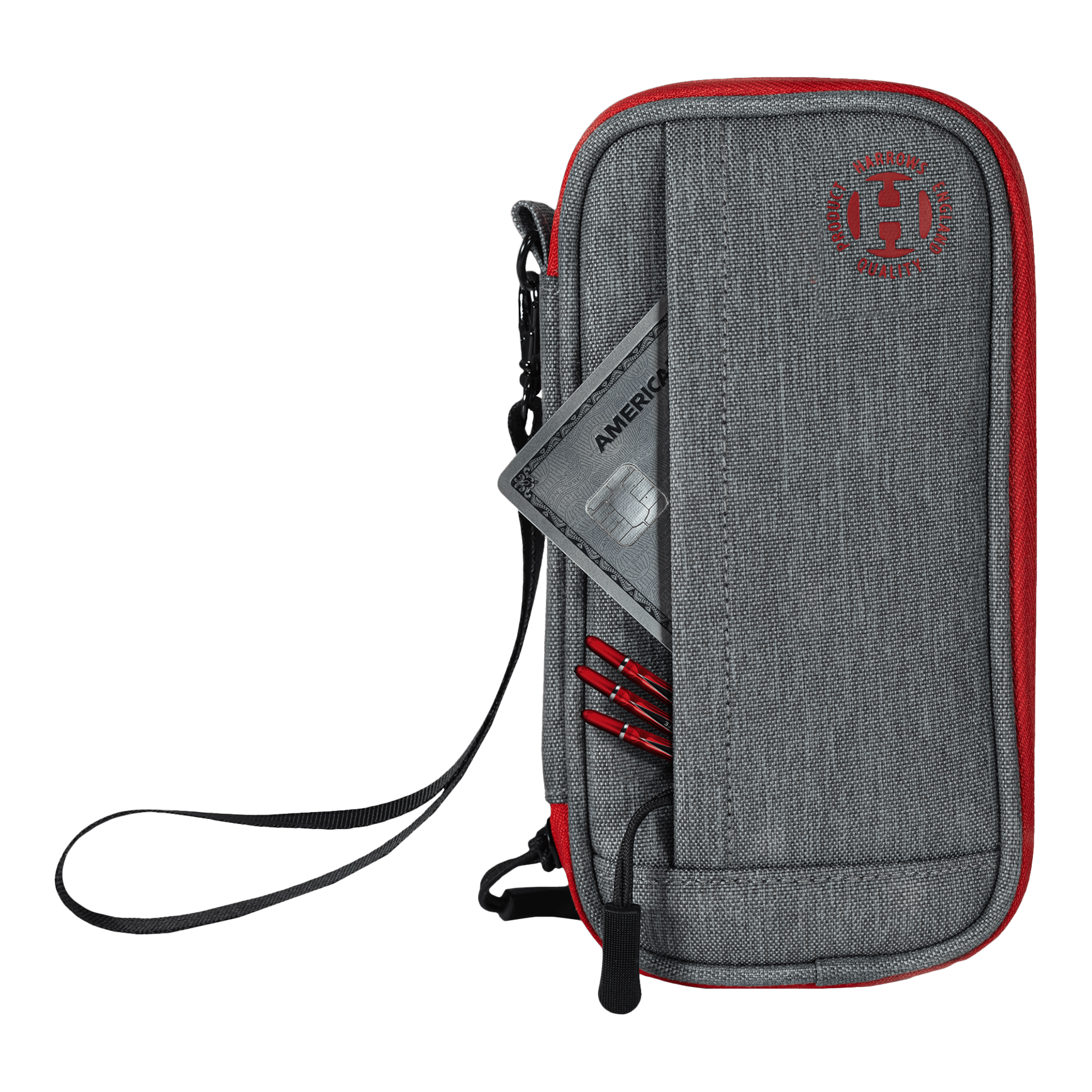 Étui intelligent Harrows pour fléchettes Das Bild zeigt ein graues und rotes Dart-Etui mit einem Reißverschluss und einer Handschlaufe. In der Vordertasche stecken eine Kreditkarte und einige Dartspitzen.
