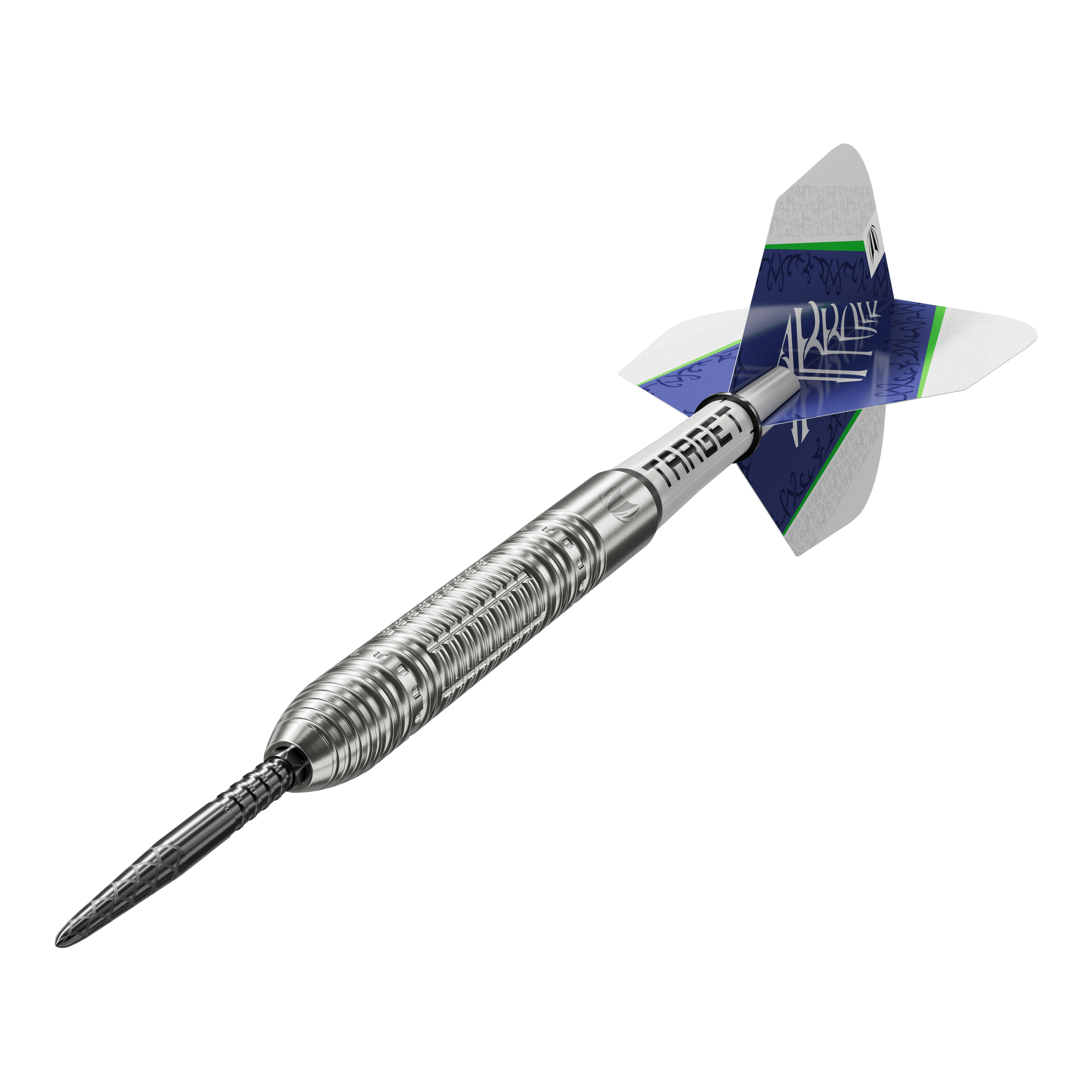 Fléchettes en acier Target Shane McGuirk GEN1 Swiss Point - 23 g Das Bild zeigt den Target Shane McGuirk GEN1 Swiss Point Steeldart mit einem Gewicht von 23g. Der Dart hat ein silbernes, geriffeltes Barrel und blaue Flights mit weiß-grünen Akzenten.