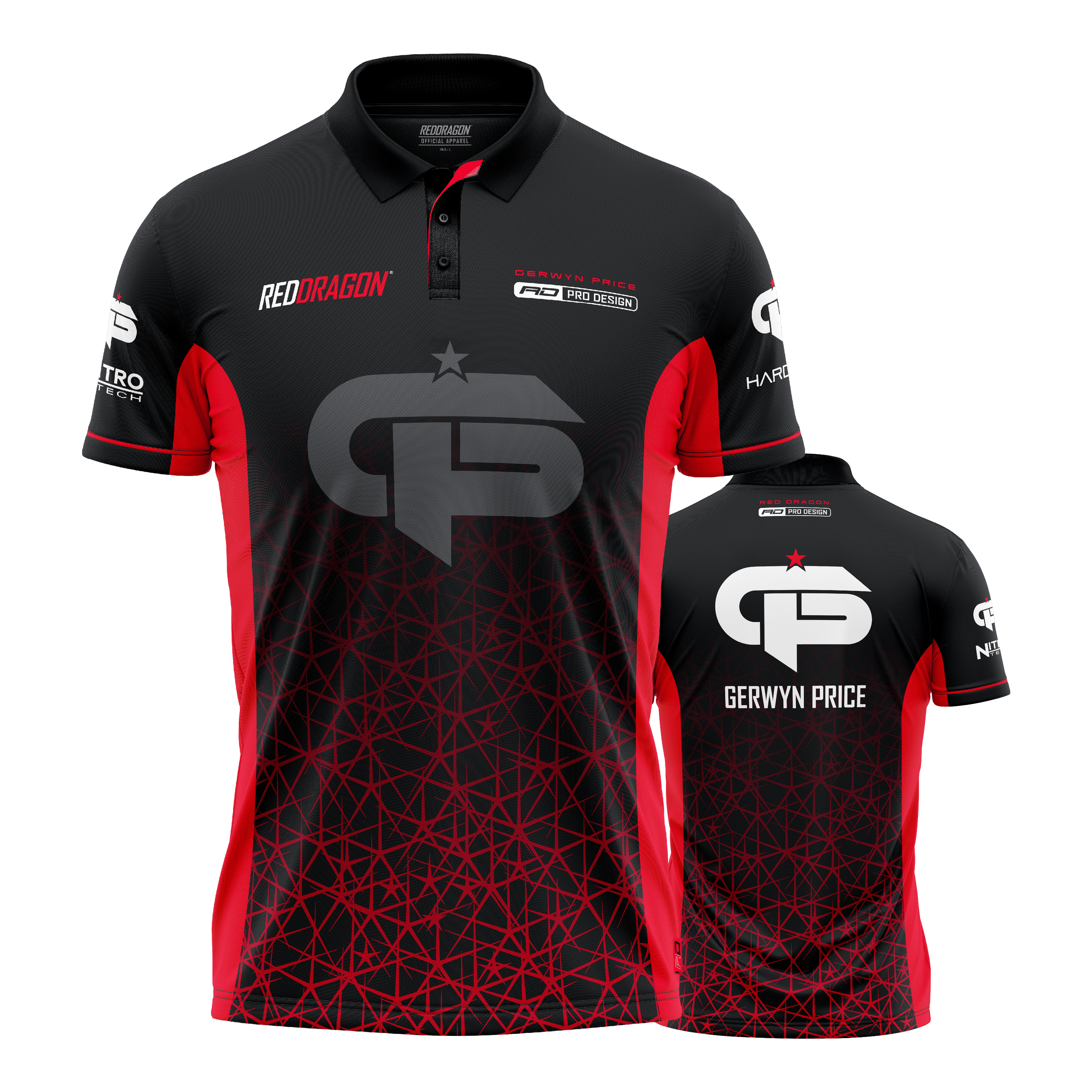 Red Dragon Gerwyn Price Polo rouge Tour Dart Das Bild zeigt das "Red Dragon Gerwyn Price Red Tour Polo Dartshirt" in Schwarz mit roten Akzenten. Auf der Vorder- und Rückseite sind große weiße Logos und der Name "Gerwyn Price" zu sehen.