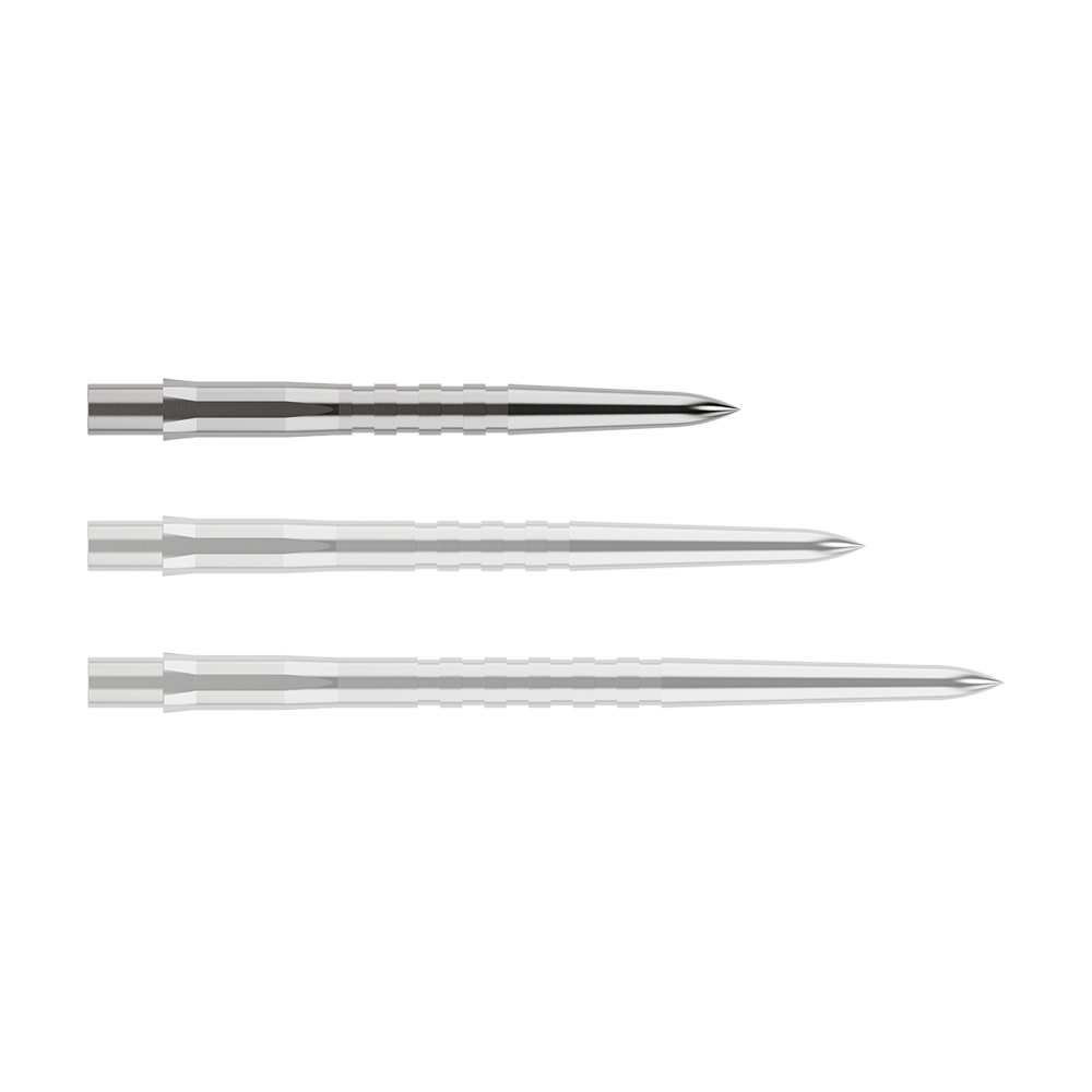 Das Bild zeigt drei silberne, gerillte Spitzen für Steeldarts in unterschiedlichen Längen. Sie sind nebeneinander auf einem weißen Hintergrund angeordnet.