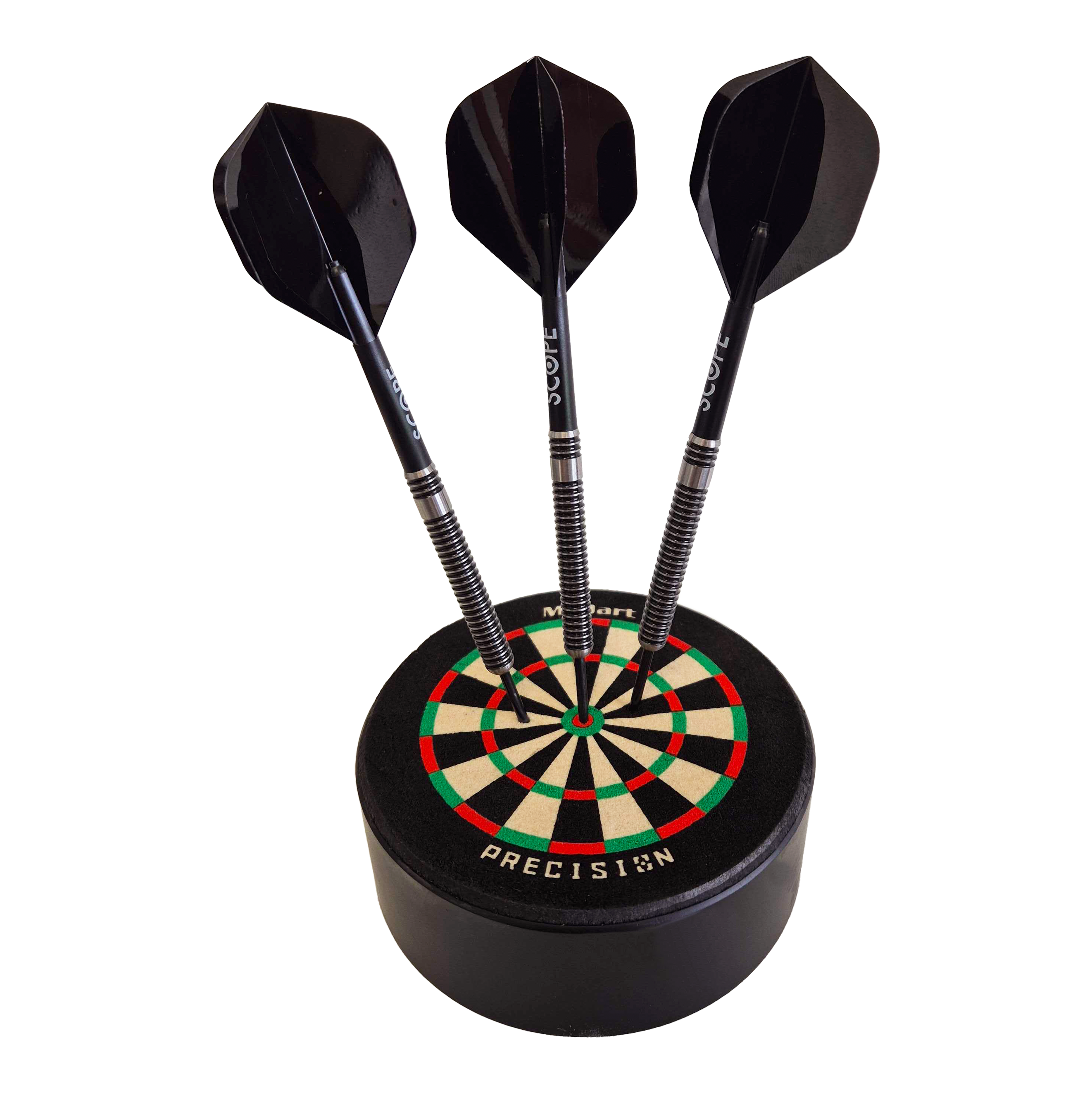 Porte-fléchettes McDart Precision Mini Dartboard Das Bild zeigt das Produkt "McDart Precision Mini Dartboard Darthalter" mit drei schwarzen Darts, die im Board stecken. Das Dartboard ist rund und kompakt, ideal als Halter für Dartpfeile.