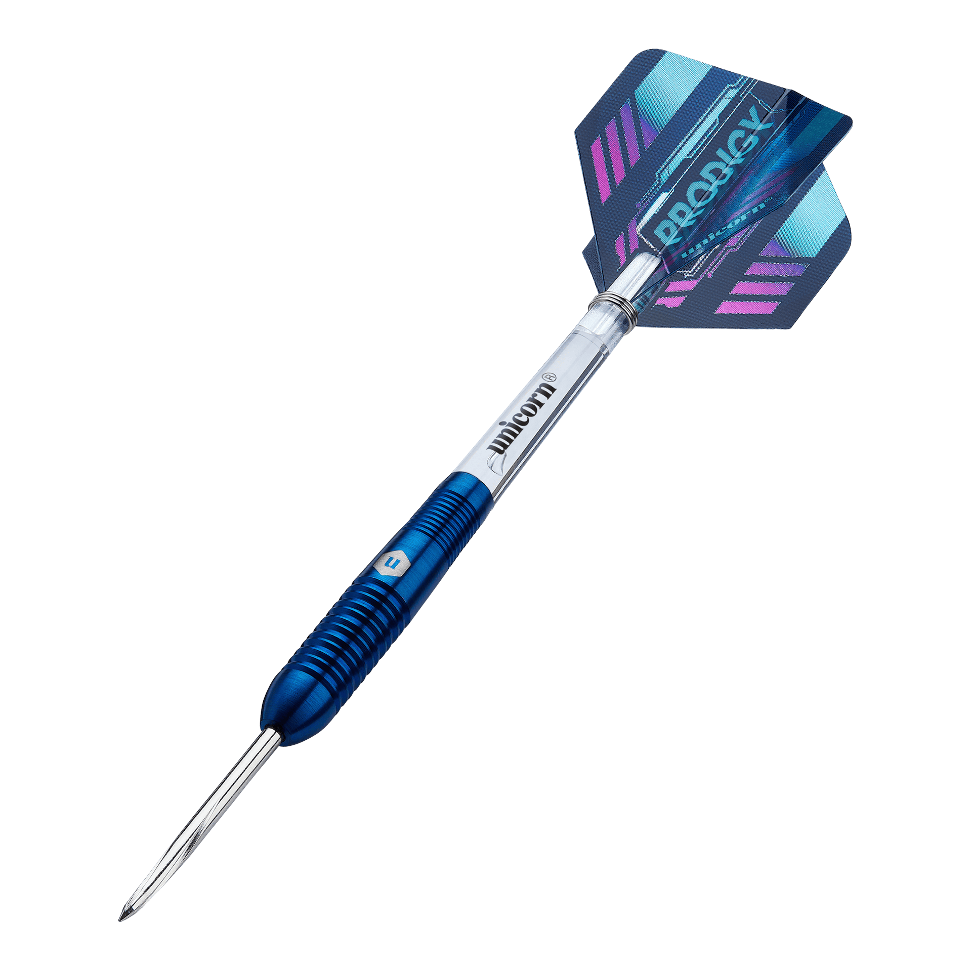 Das Bild zeigt einen Unicorn Prodigy 02 Torpedo Steeldart. Der Dartpfeil hat ein blaues und silbernes Design mit einer farbigen Flights-Feder am Ende.