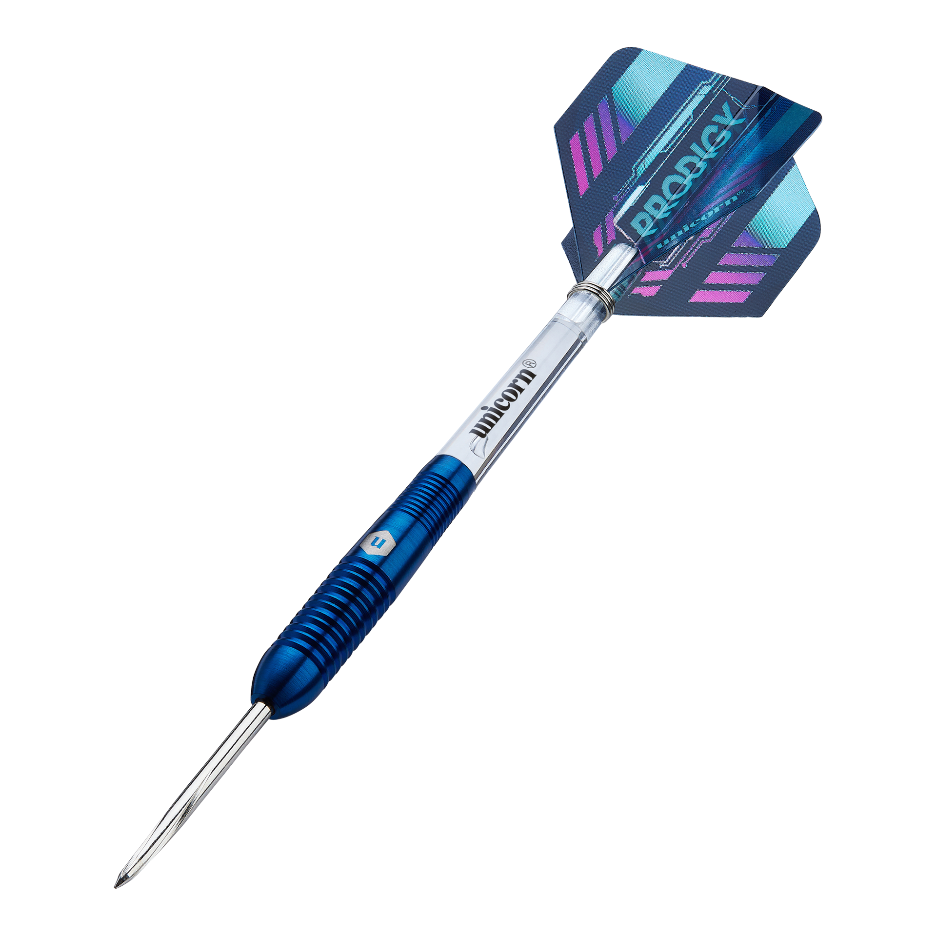 Fléchettes en acier Unicorn Prodigy 02 Torpedo Das Bild zeigt einen Unicorn Prodigy 02 Torpedo Steeldart. Der Dartpfeil hat ein blaues und silbernes Design mit einer farbigen Flights-Feder am Ende.