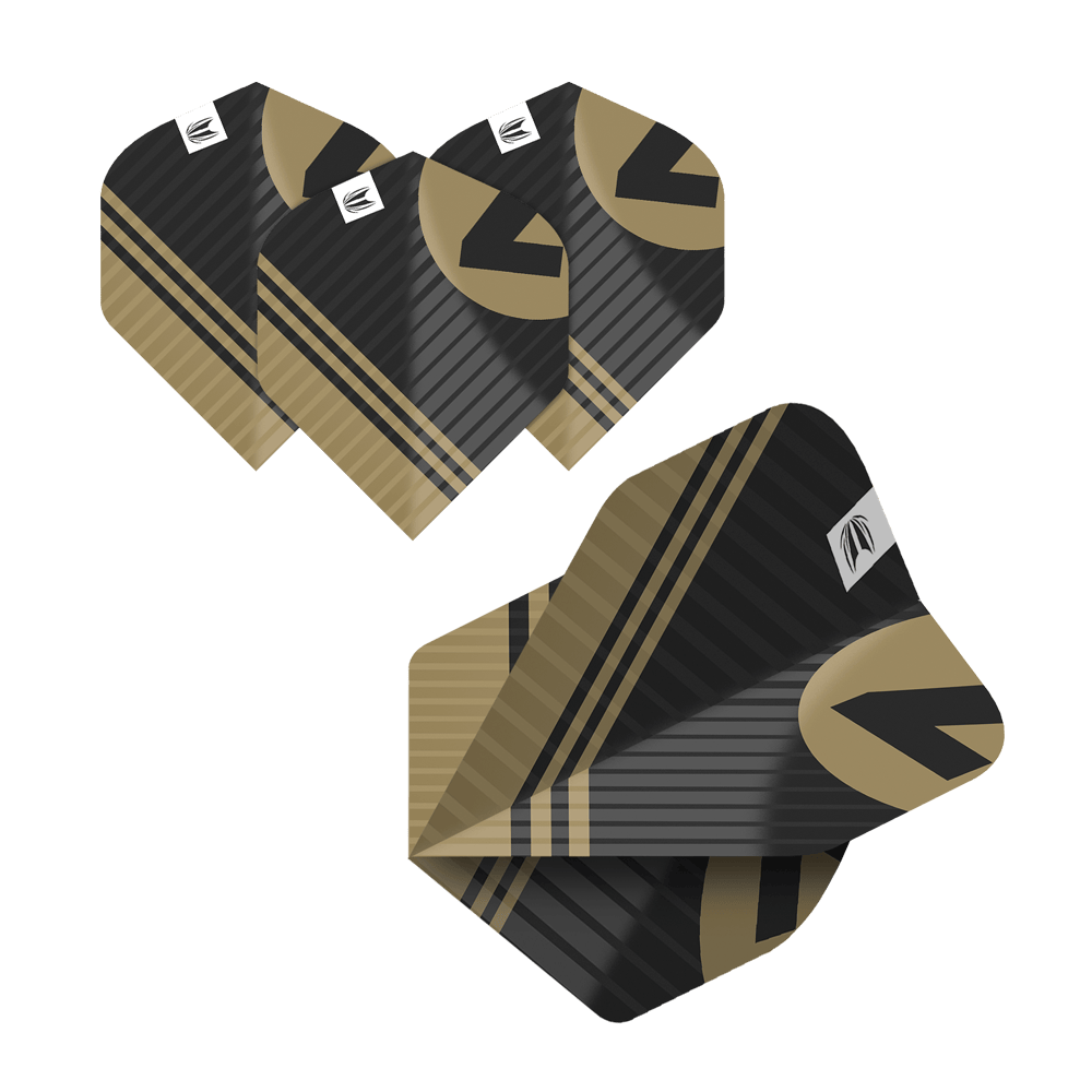 Das Bild zeigt fünf Sätze von Target Pro Ultra Chicane Multipack No2 Standard Flights. Die Flights sind schwarz-gold gemustert und haben ein modernes Design.