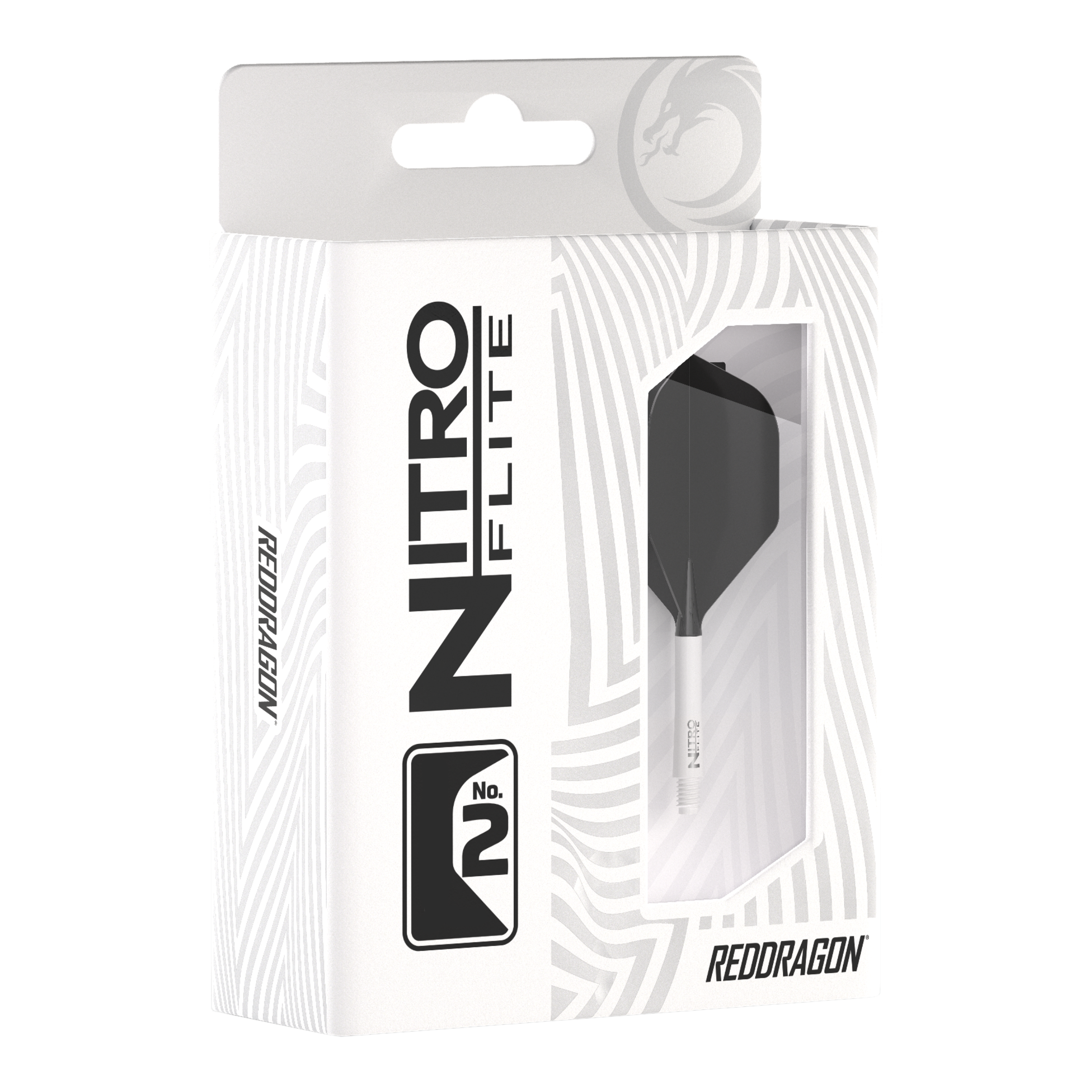 Red Dragon Nitroflite - Tige blanche Ailettes noires n°2 Die Abbildung zeigt die Produktverpackung des "Red Dragon Nitroflite" mit weißen Schäften und schwarzen No2 Flights. Die Packung ist überwiegend weiß gestaltet und hat ein Sichtfenster, durch das das Dart-Zubehör zu sehen ist.