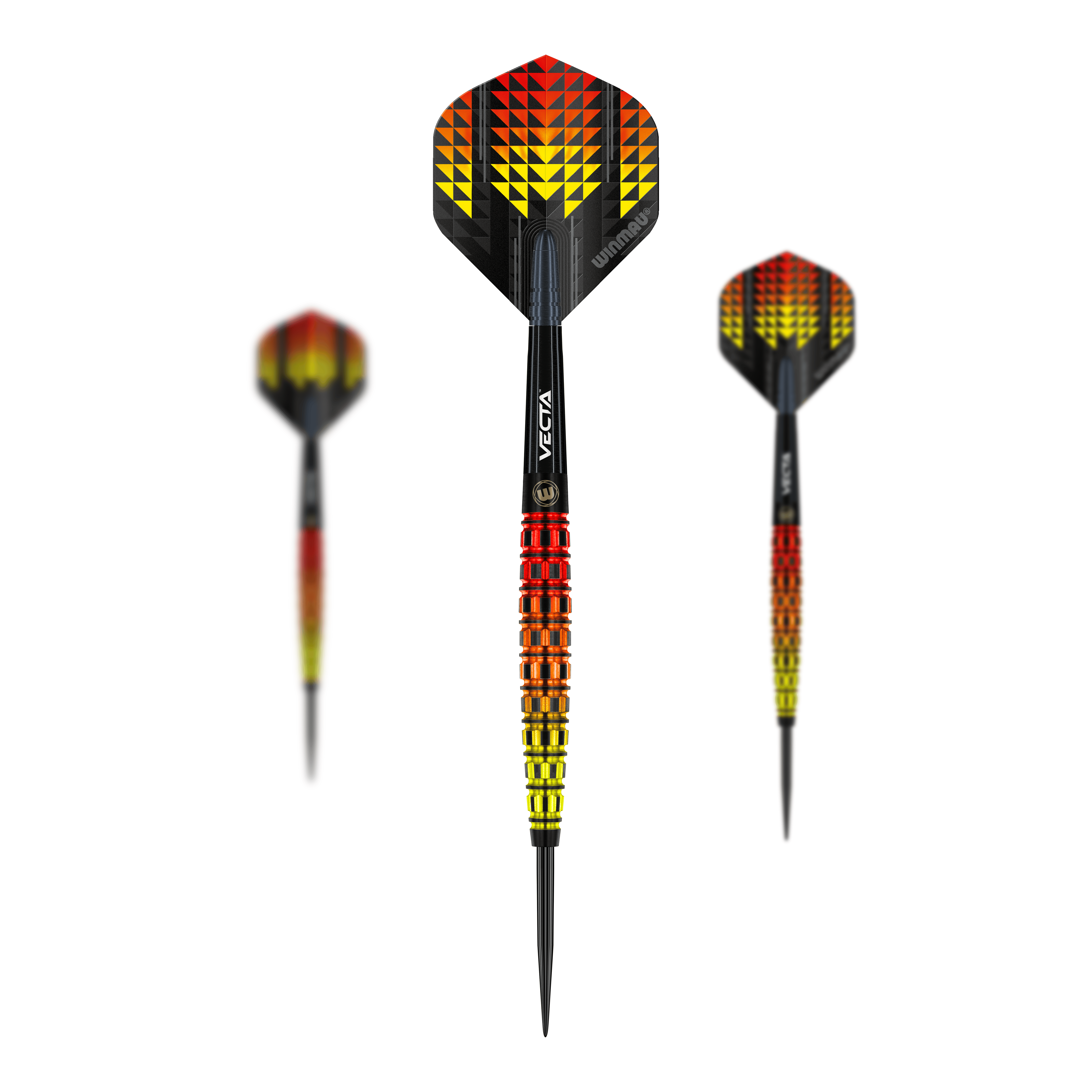 Fléchettes coniques en acier Winmau Firestorm Flame Die Abbildung zeigt die Winmau Firestorm Flame Tapered Steeldarts. Die Darts haben ein auffälliges Design in den Farben Gelb, Rot und Schwarz mit einem modernen, geometrischen Muster.