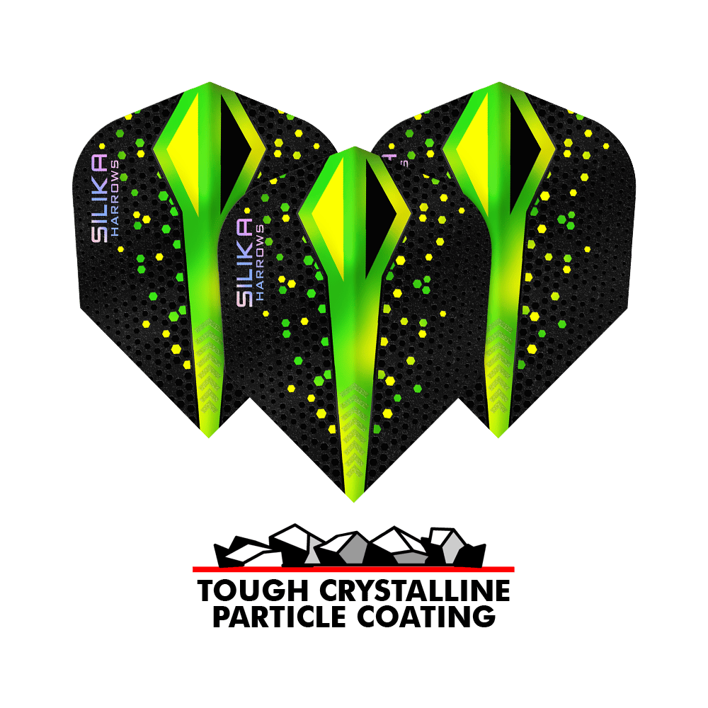 Revêtement cristallin résistant Harrows Silika Colourshift Vert No6 Vols Das Bild zeigt drei Harrows Silika Colourshift Tough Crystalline Coating Green No6 Flights mit schwarzem Hintergrund und grünen, gelben Akzenten. Darunter steht ein Logo mit der Aufschrift "Tough Crystalline Particle Coating".