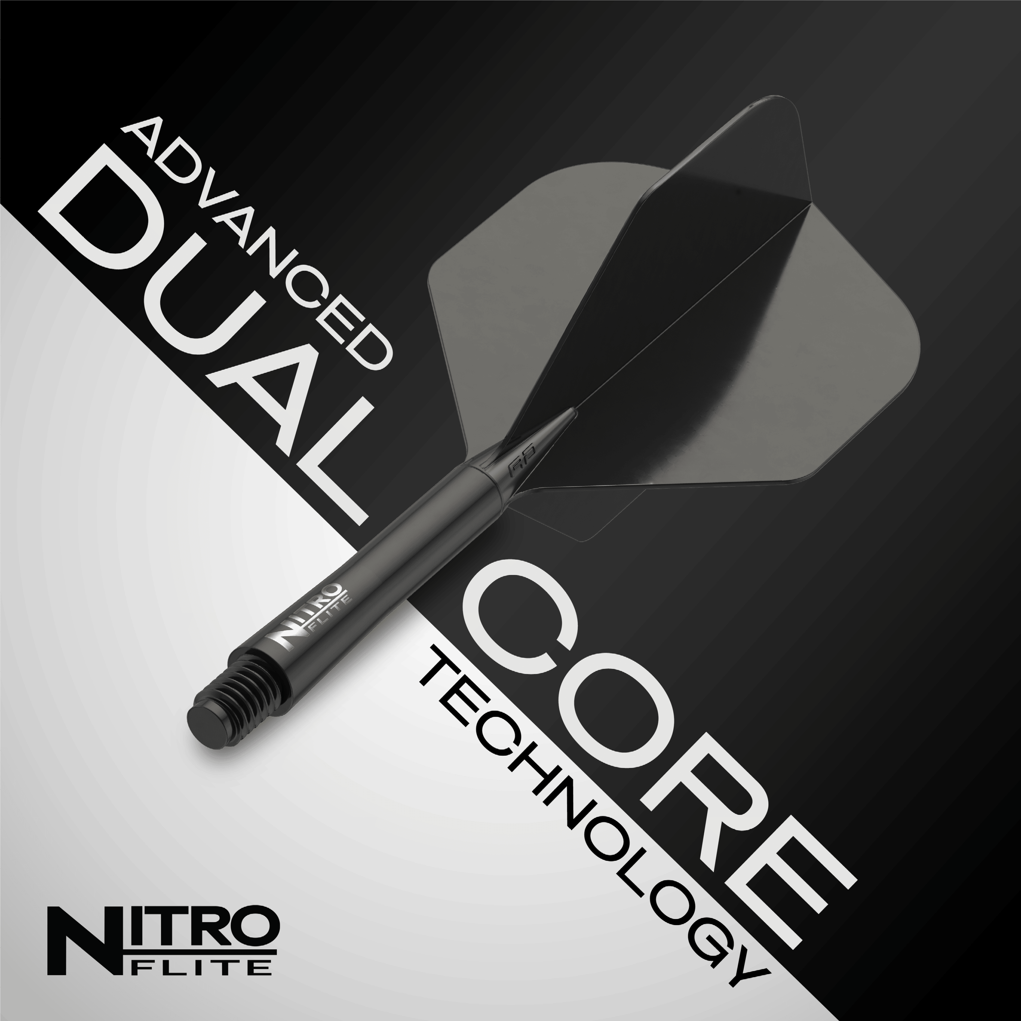 Ailettes Red Dragon Nitroflite - Tige noire, ailettes noires n°2 Das Bild zeigt das Produkt "Red Dragon Nitroflite - Black Shaft Black No2 Flights". Es hebt die fortschrittliche Dual-Core-Technologie hervor.