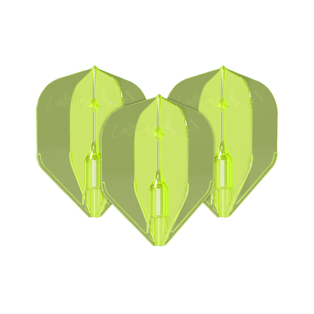 Volets L-Style Fantom L3EZ jaune fluo Das Bild zeigt drei neongelbe L-Style Fantom L3EZ Flights für Dartpfeile. Sie sind aus Kunststoff und haben eine glänzende, transparente Oberfläche.