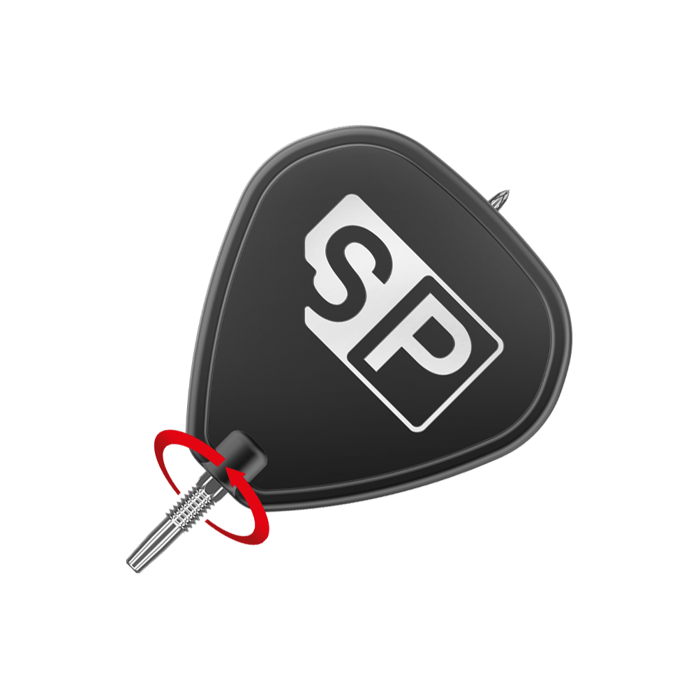 Pointes de fléchettes Target Swiss Point DX - Argent Das Bild zeigt eine schwarze Dart-Flügel mit der weißen Aufschrift "SP". Am unteren Ende ist eine silberne Dartspitze angebracht, um die ein roter Pfeil eine Drehbewegung anzeigt.
